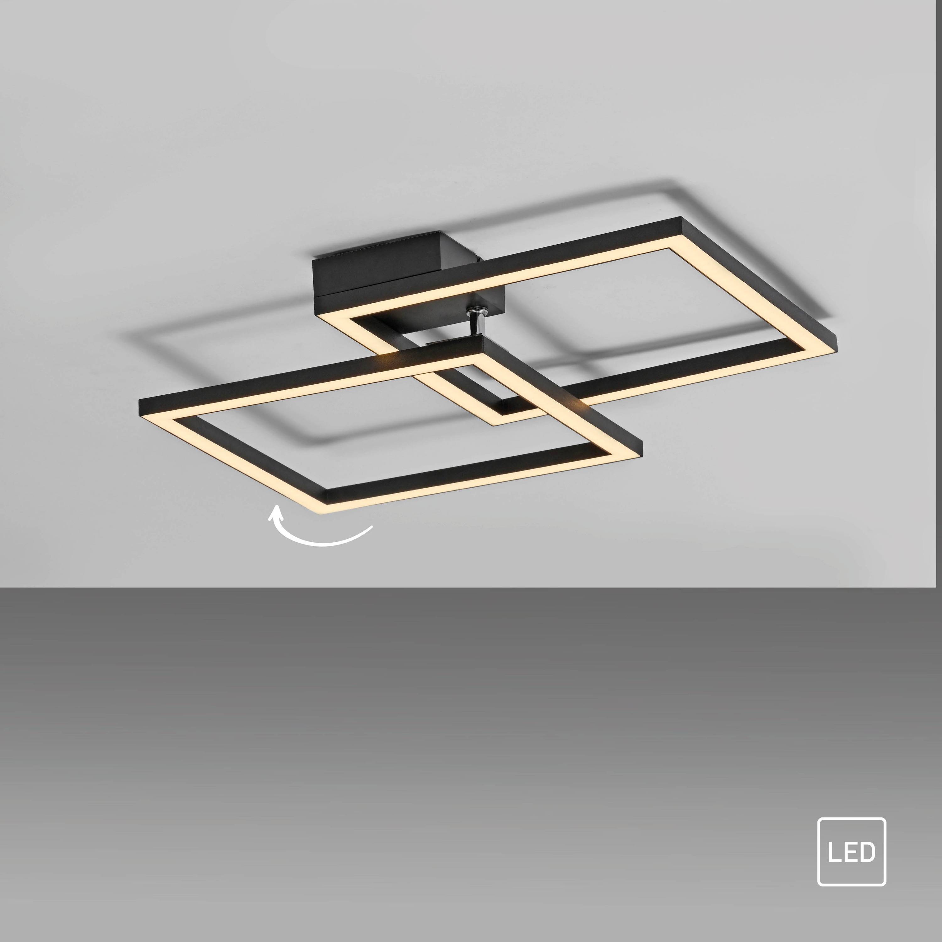 Eine moderne Deckenleuchte mit zwei sich kreuzenden rechteckigen Rahmen, ausgestattet mit LED-Beleuchtung.