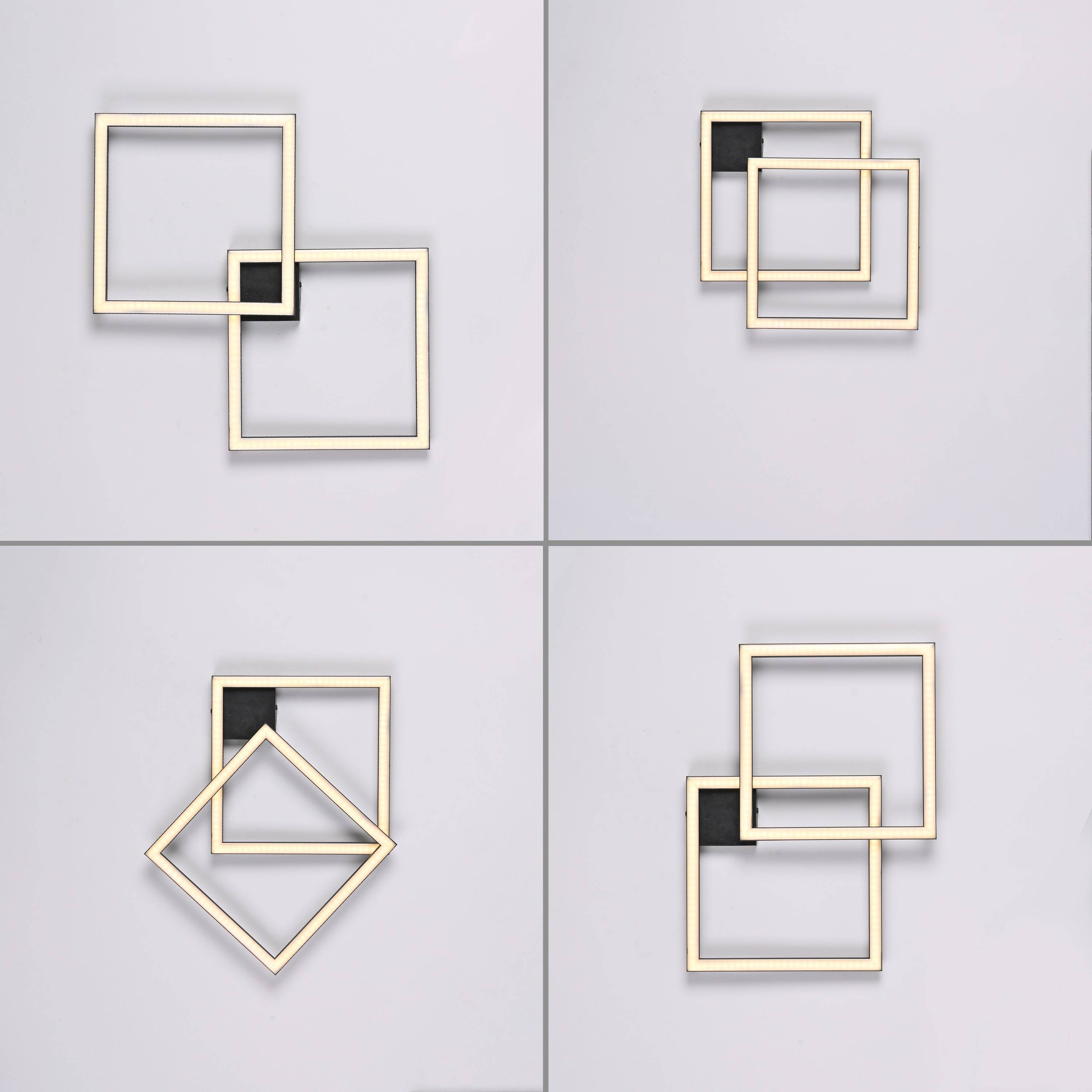 Vier Quadratdesigns in einem Raster angeordnet; jedes zeigt übereinander liegende Quadrate in unterschiedlichen Positionen mit kontrastierenden schwarz und gold Farben.