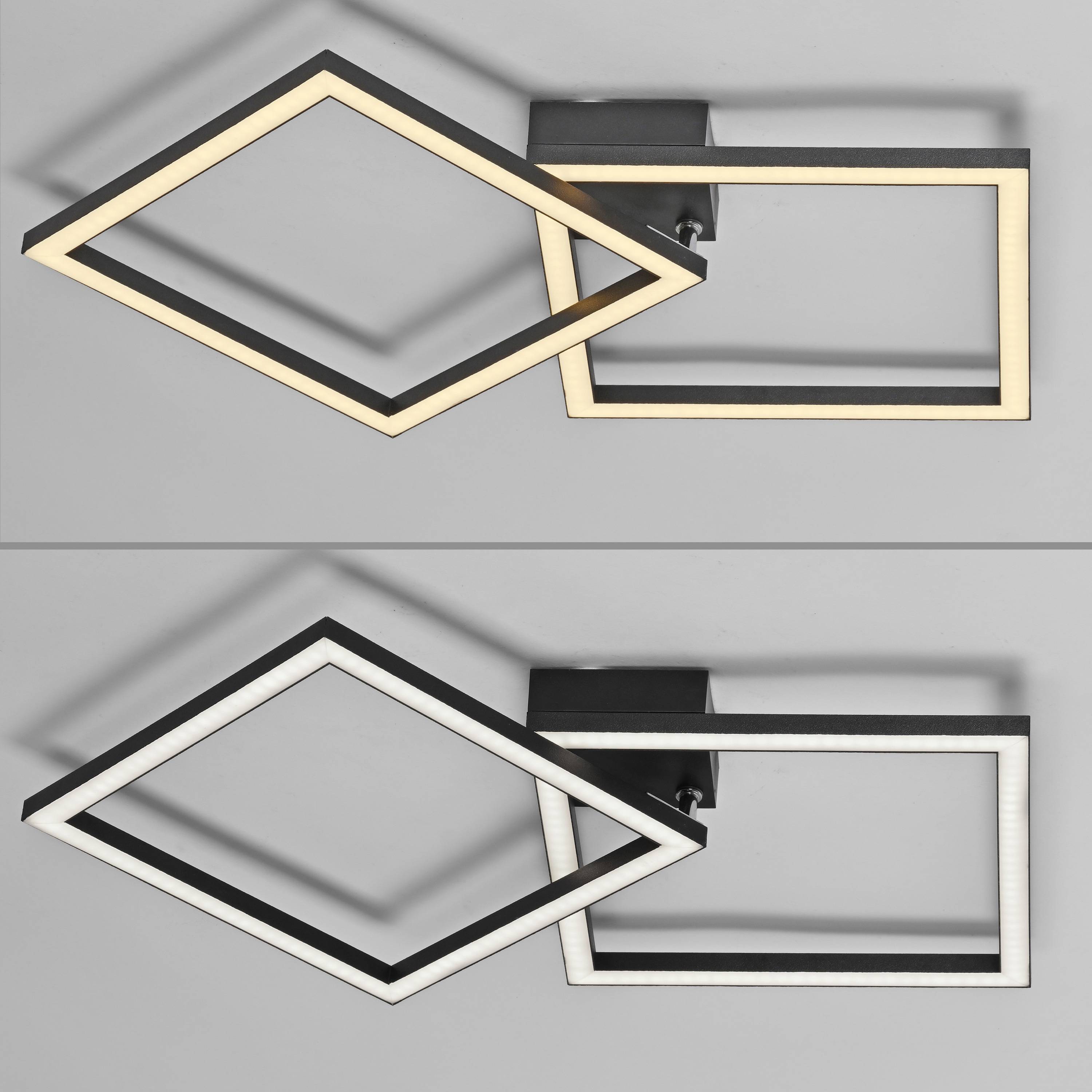 Zwei geometrische Wandleuchten: Die obere Leuchte ist rautenförmig mit warmem Schein, die untere ist rechteckig mit kühlerer Tönung, beide auf einem grauen Hintergrund.