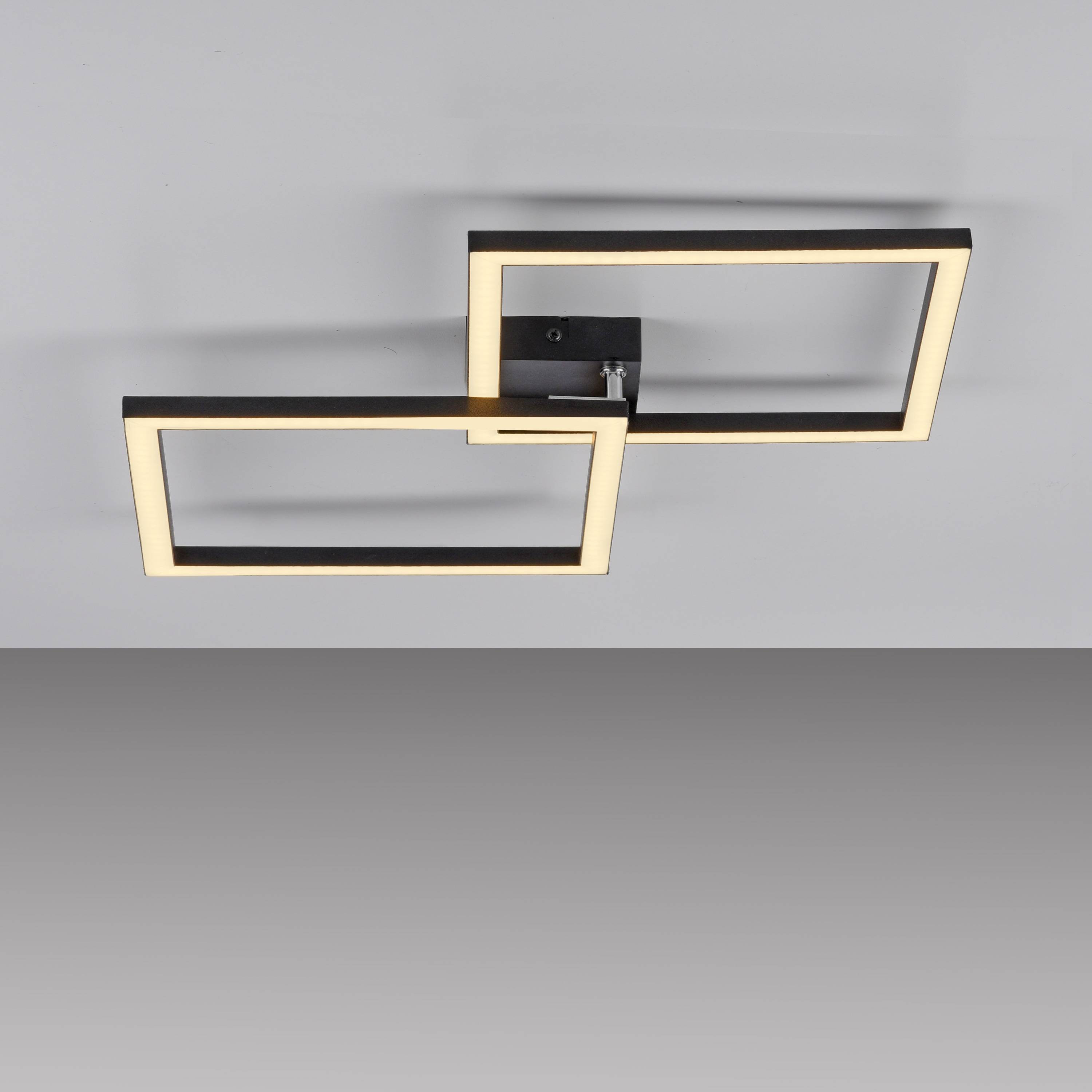 Eine moderne Deckenleuchte mit zwei rechteckigen LED-Rahmen, an einer grauen Decke montiert, die ein weiches, weißes Glühen ausstrahlt.