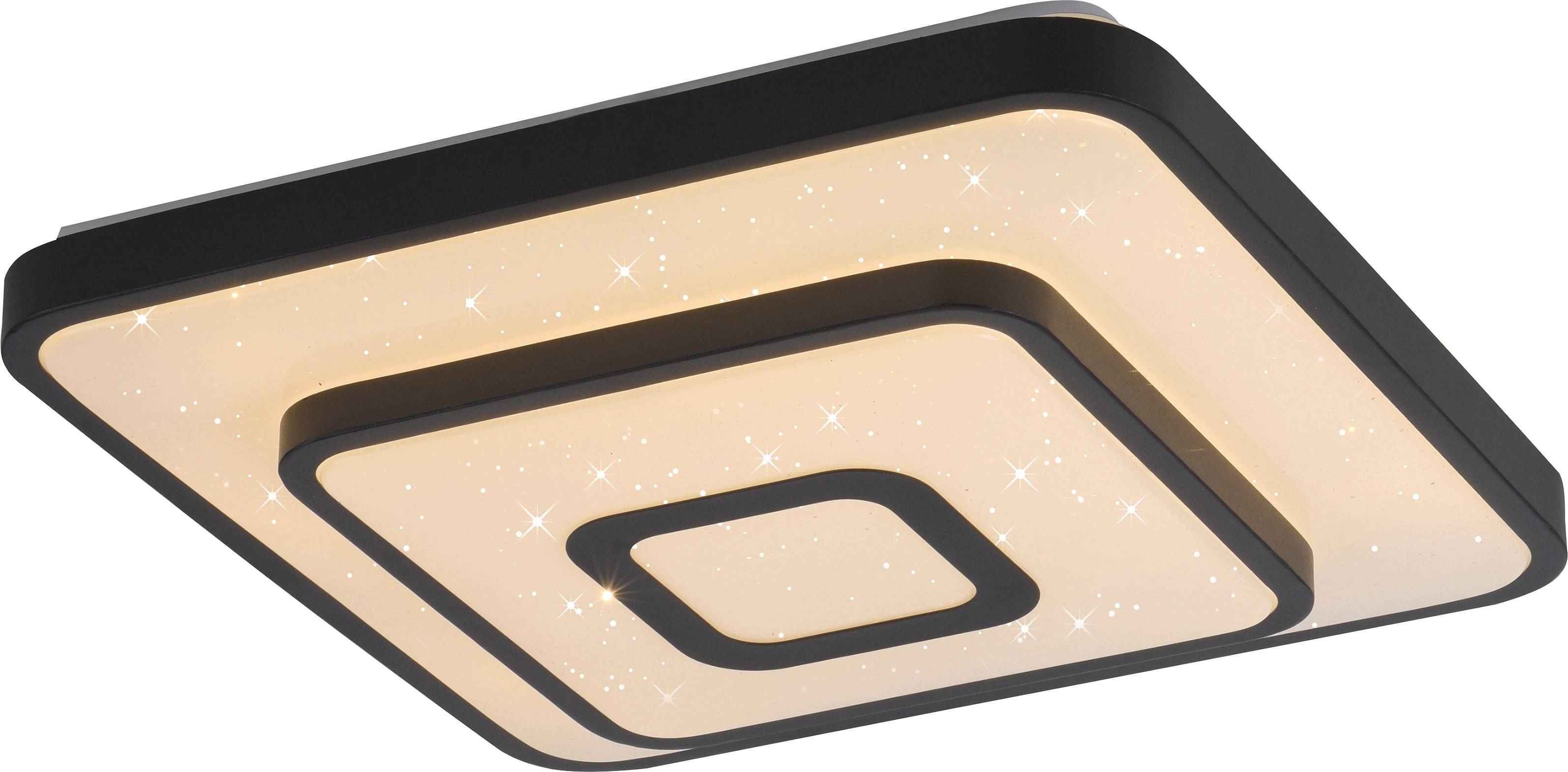 Ein modernes quadratisches Deckenleuchte mit konzentrischen Rechtecken und kleinen sternenartigen Glitzern, die ein warmes Leuchten verbreiten. Geeignet für elegante Innenräume.