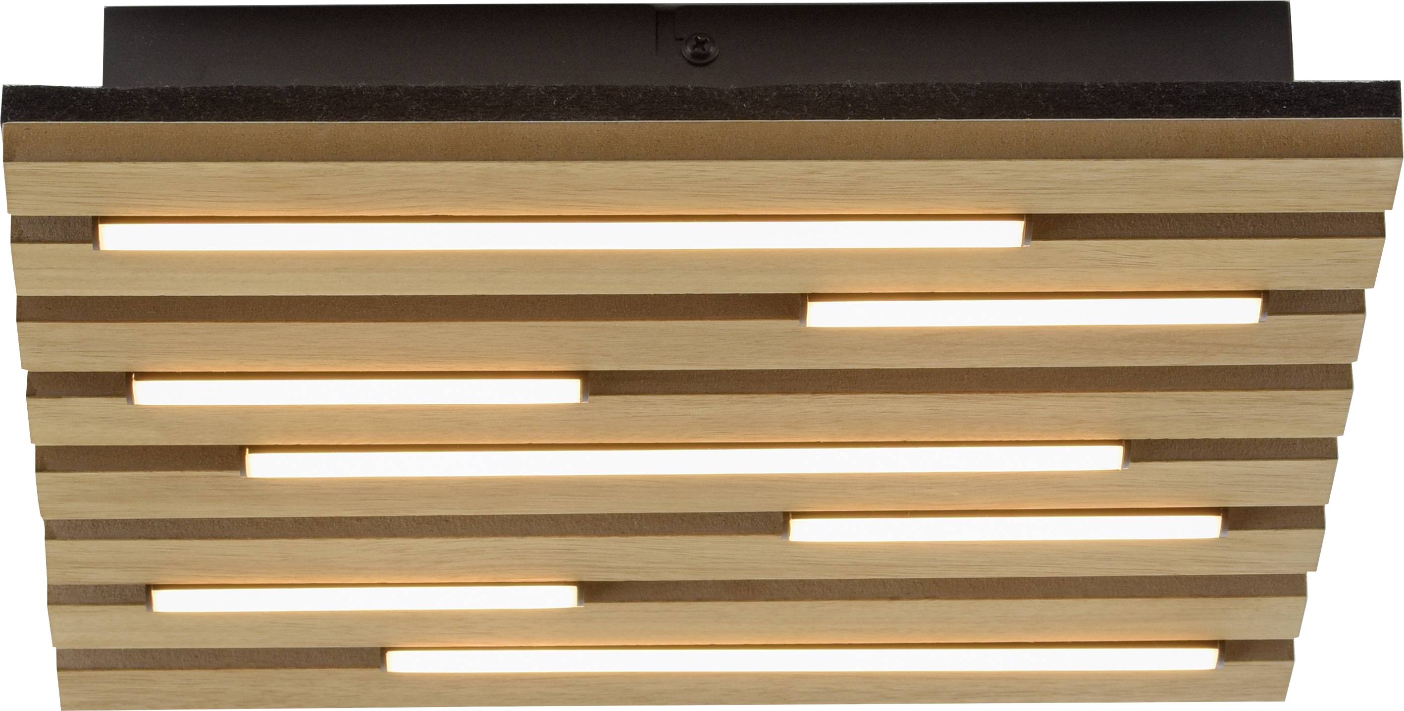 Nahaufnahme einer Decke mit horizontalen Holzlamellen und integrierter LED-Beleuchtung, die eine zeitgemäße und warme Atmosphäre schafft.