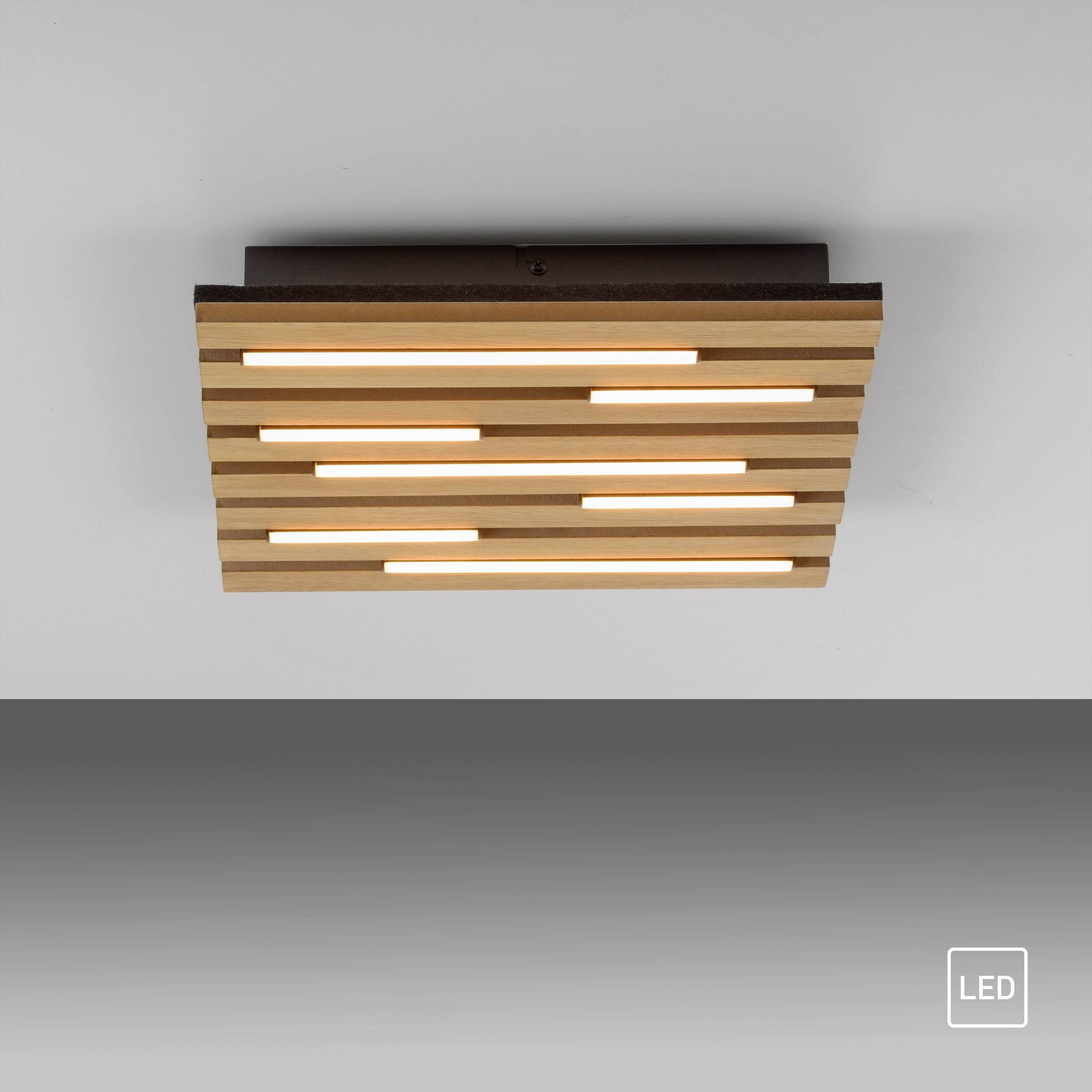 Rechteckige Deckenleuchte aus Holz mit integrierten LED-Streifen, montiert auf einer dunklen Basis, die modernes Ambiente-Licht erzeugt.