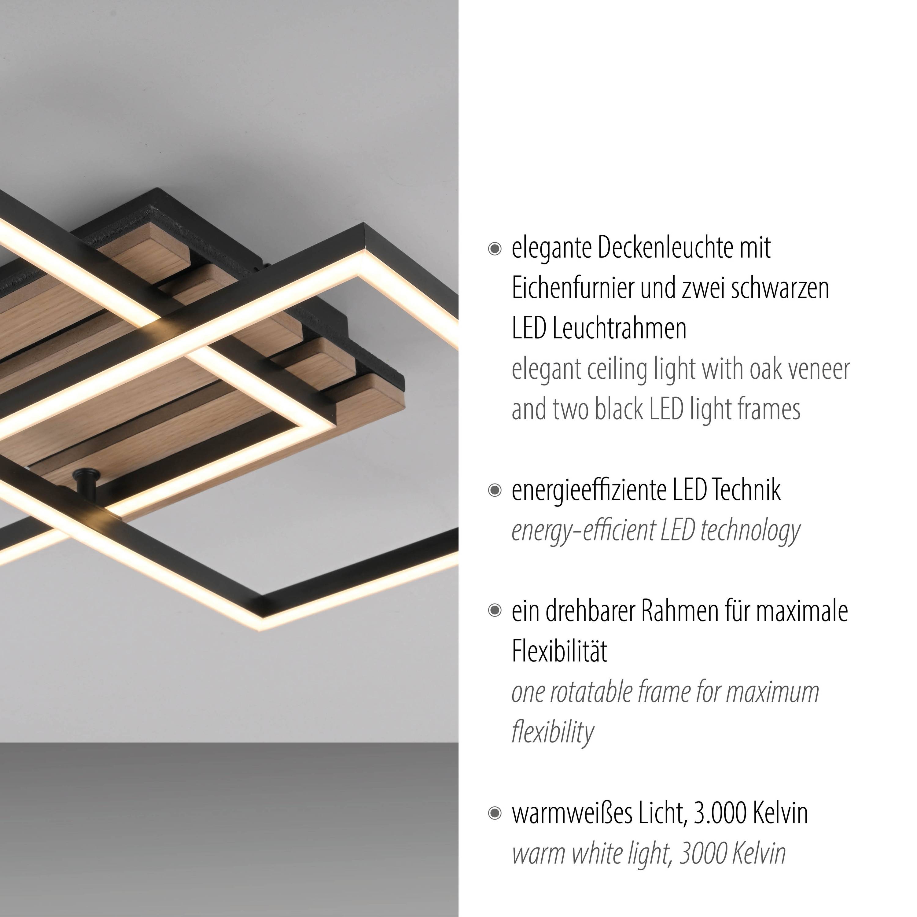 JUST LIGHT LED-Deckenleuchte 14053-79, 15W, 3000K, 2200lm, warmweiß, IP20, Holz/schwarz
