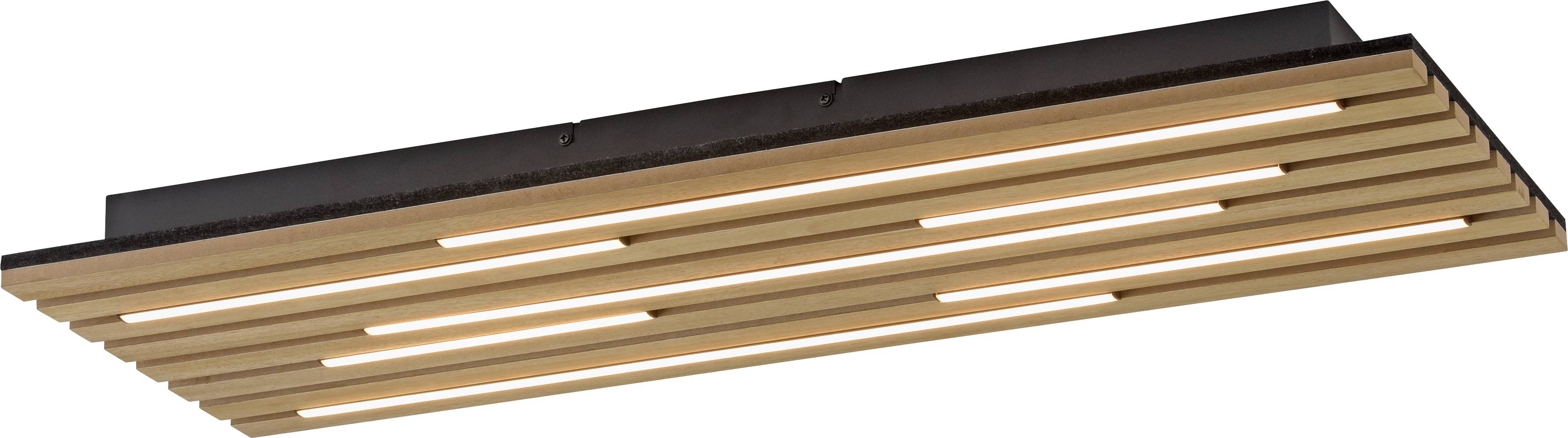 Holz-Deckenleuchte mit horizontalen Lamellen und integrierten LED-Streifen, die stimmungsvolle Beleuchtung erzeugt.