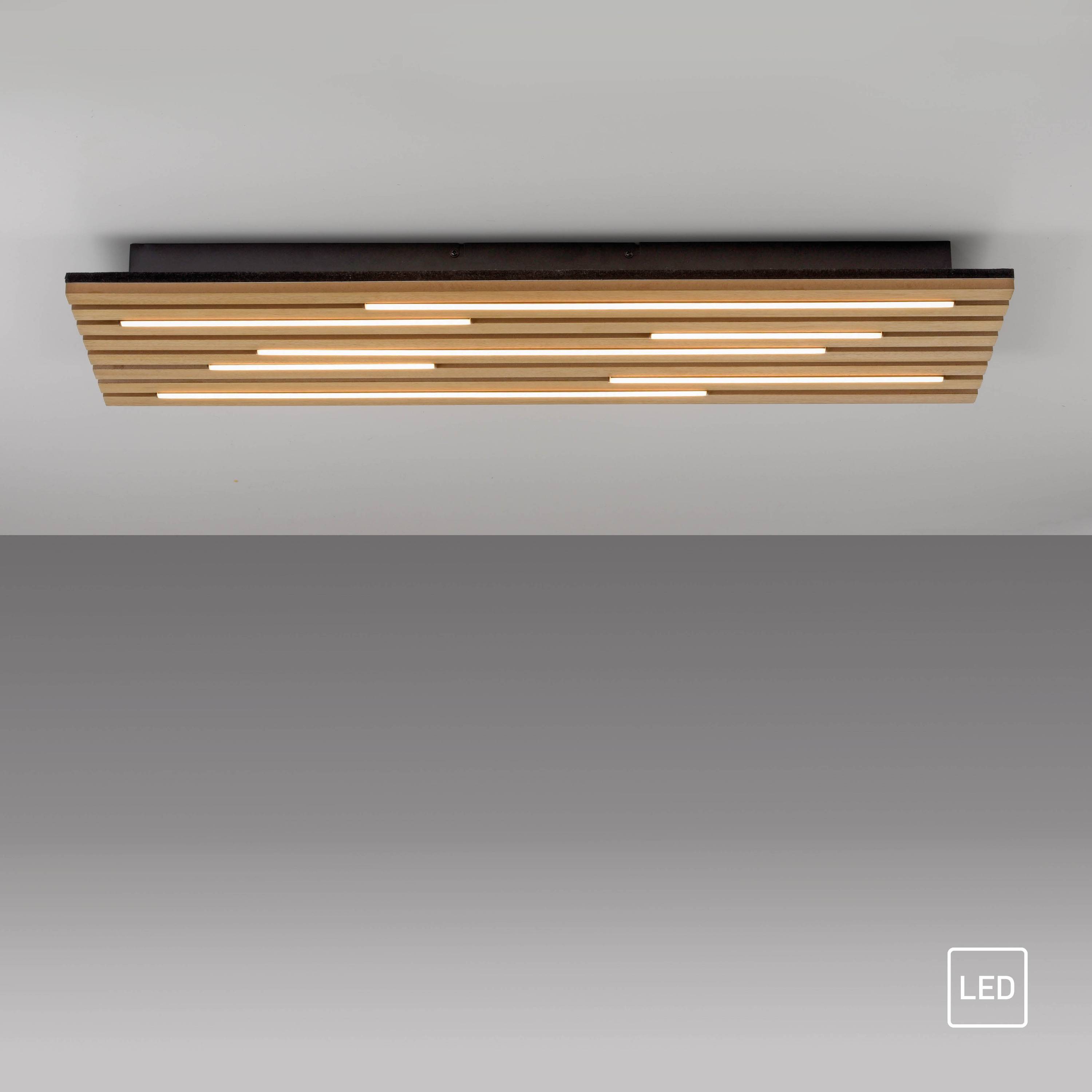 Eine moderne rechteckige Deckenleuchte mit Holzlamellen und integrierten LED-Leuchten, die ein warmes, gleichmäßiges Licht ausstrahlt.