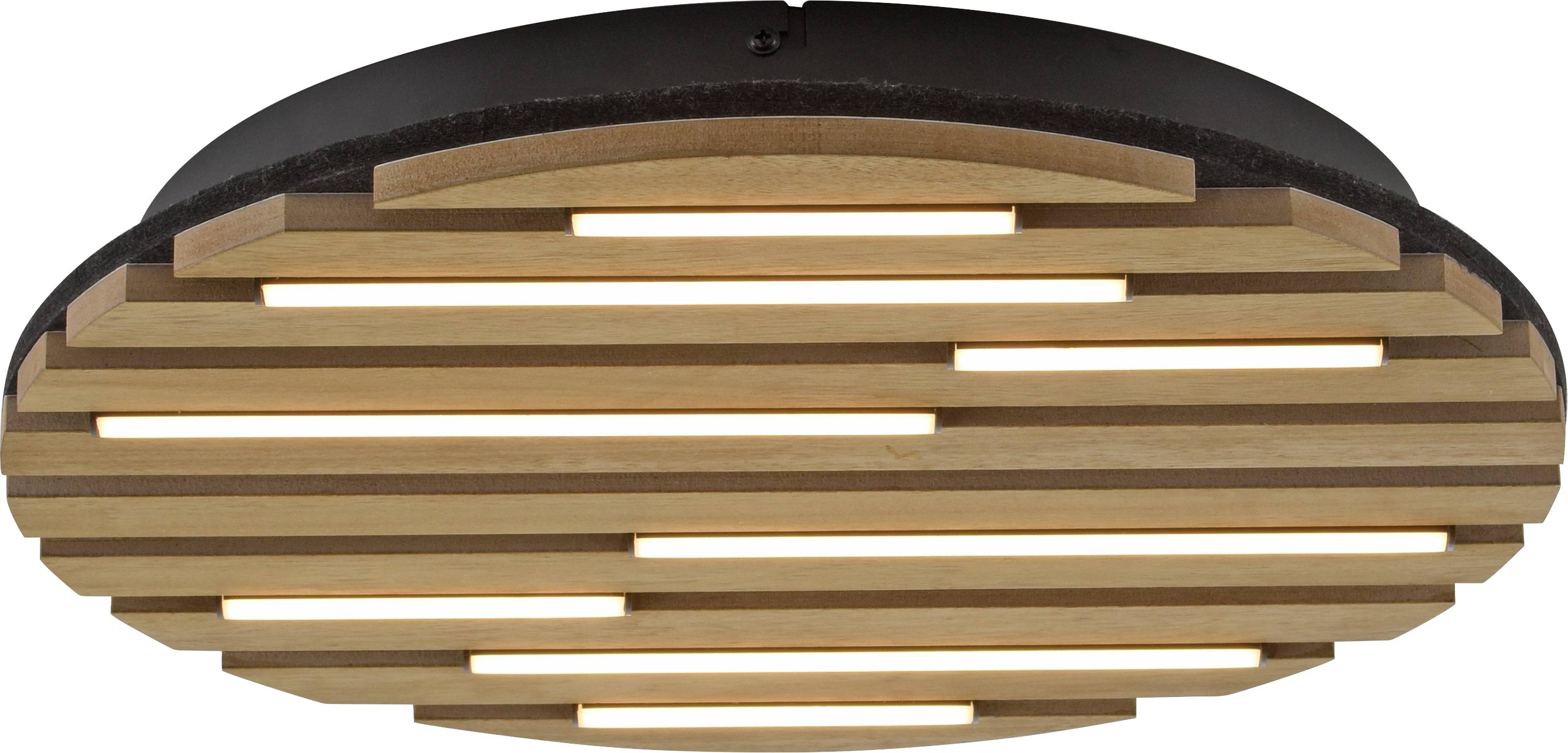 Eine Deckenleuchte mit horizontalen Holzlamellen und integrierten LED-Leuchten, die eine moderne und warme Beleuchtung bietet.