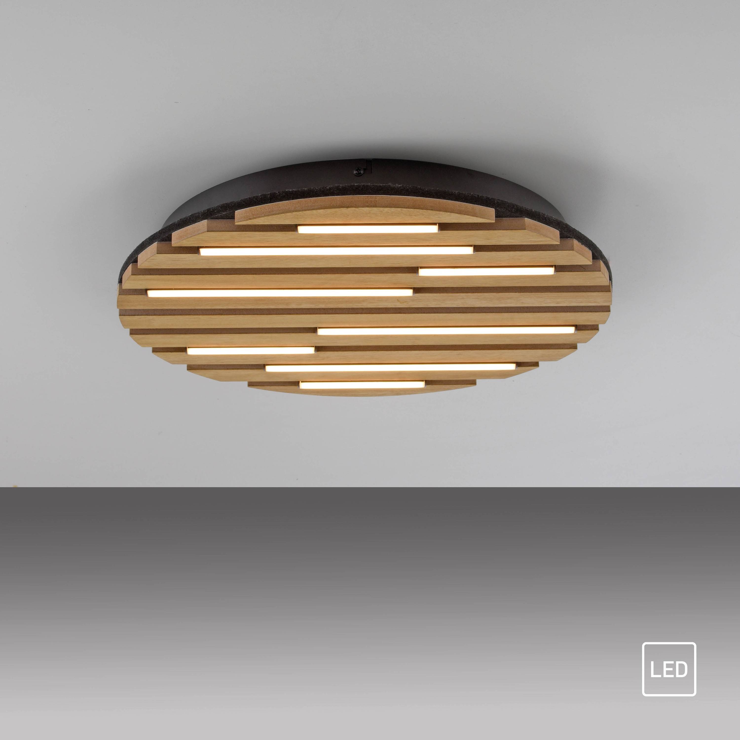 Eine moderne Deckenleuchte mit einer kreisförmigen Gestaltung, die abwechselnd aus Holzlamellen und LED-Leuchten besteht und ein gestreiftes Muster erzeugt.
