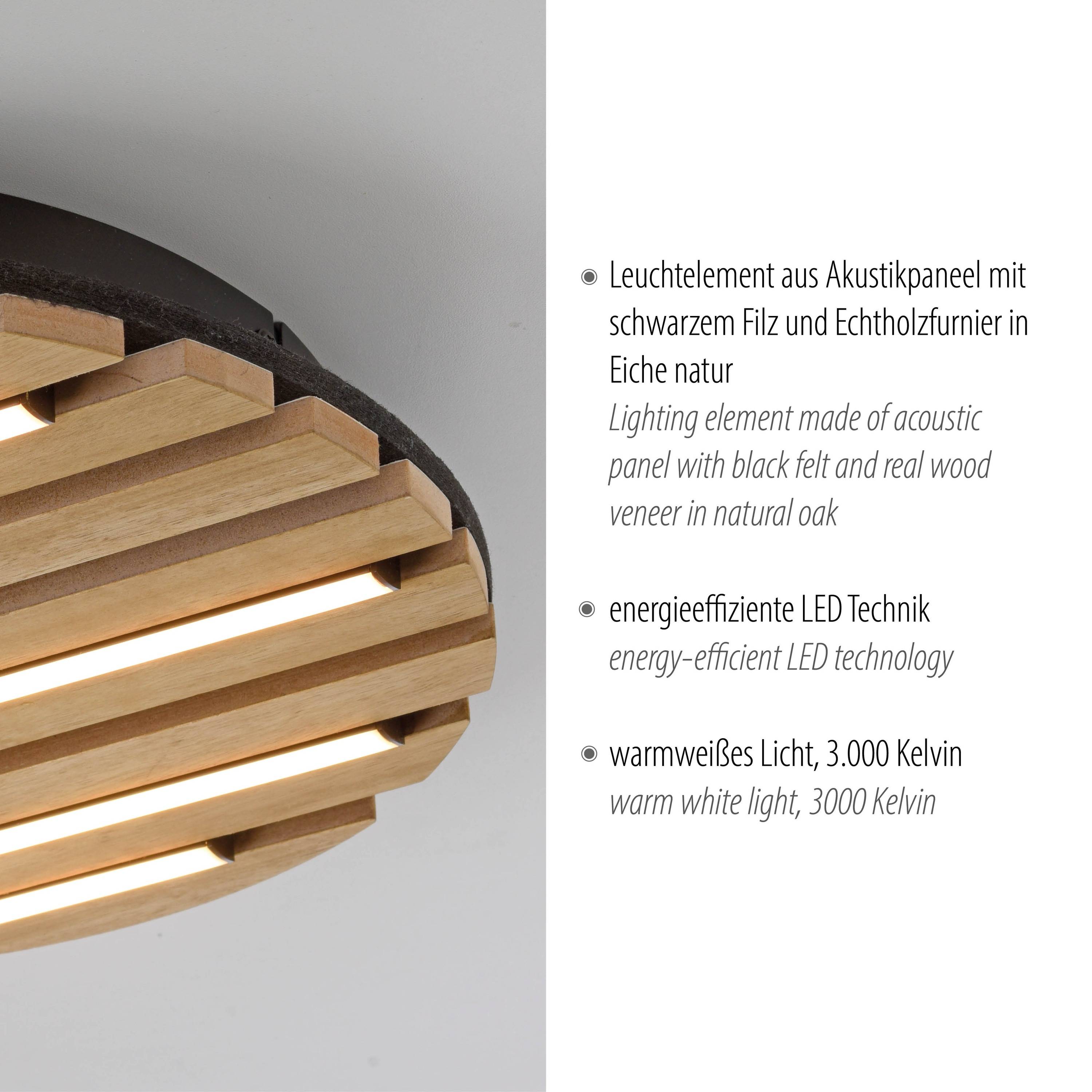Runde Holzdeckenleuchte mit Eichen-Akustikpanel aus schwarzem Filz und echtem Holzfurnier, die warmes weißes Licht mit 3000 Kelvin abstrahlt.
