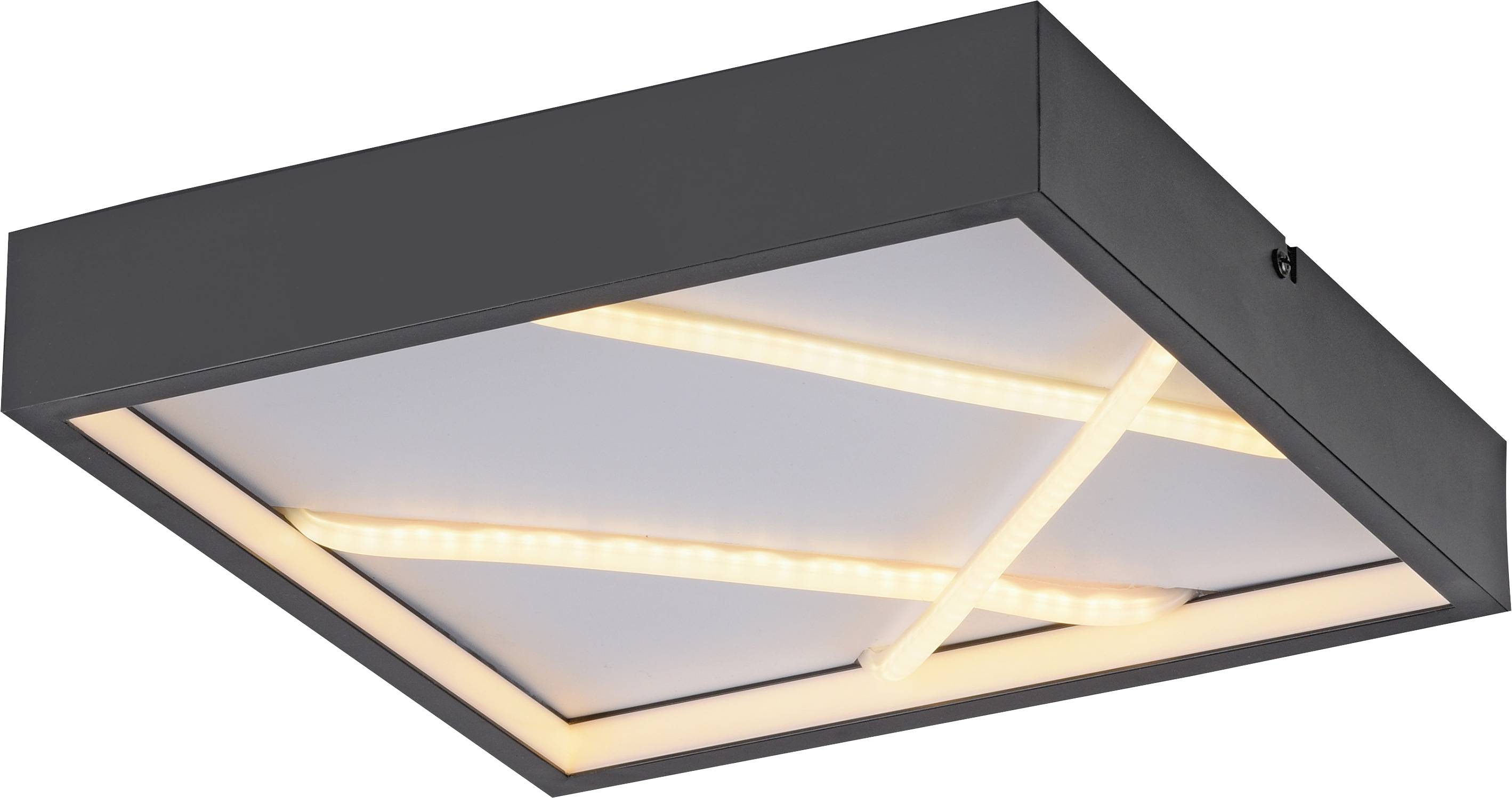 Eine moderne, rechteckige Deckenleuchte mit einem abgewinkelten Rahmen und integrierten LED-Streifen, die ein warmes Licht ausstrahlt.