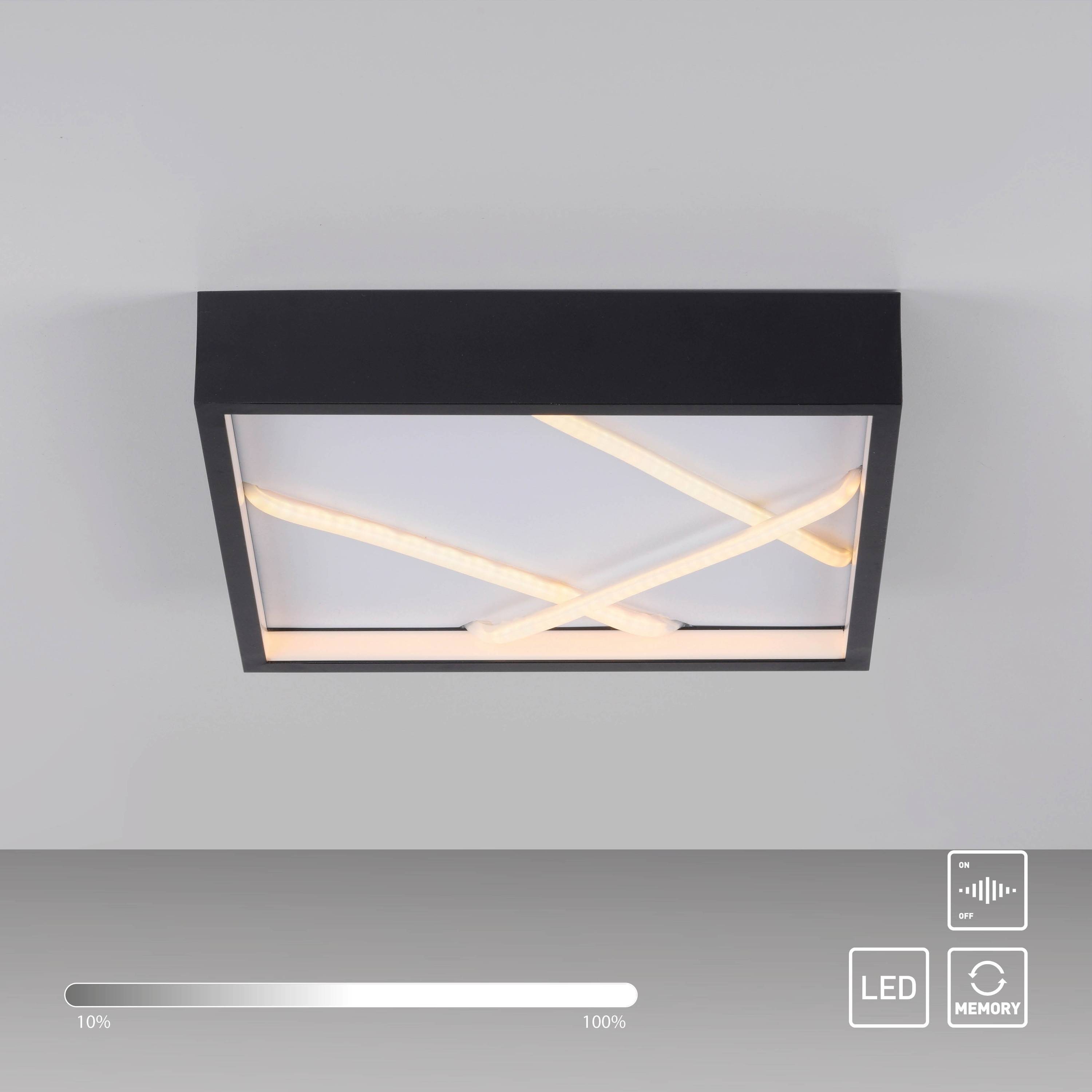 Eine moderne, rechteckige Deckenleuchte mit ineinandergreifenden LED-Streifen und Steuerungen zur Einstellung der Helligkeit und Speicherung von Einstellungen.