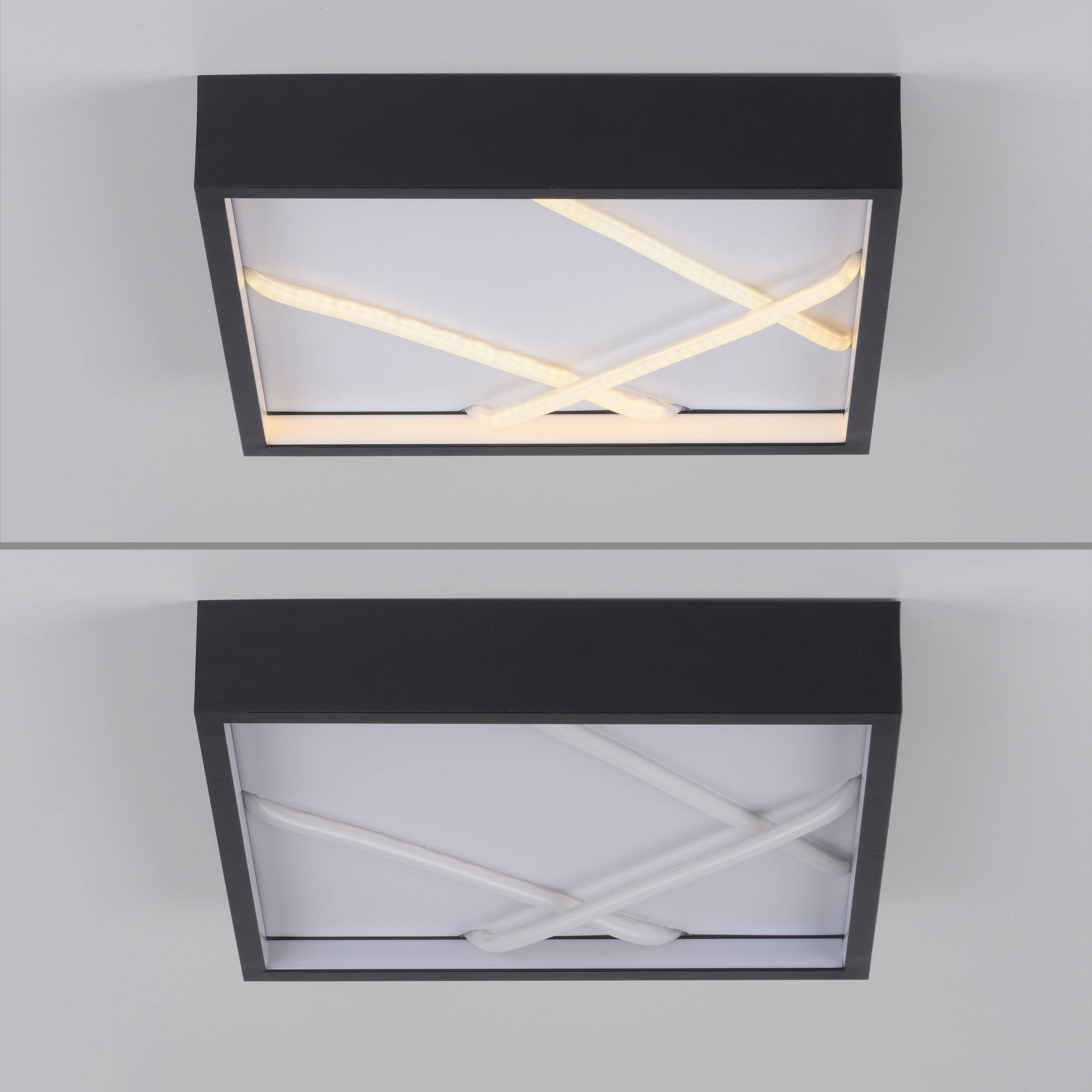 Zwei moderne Deckenleuchten mit sich kreuzenden Streifen, eine beleuchtet und eine unbeleuchtet, an einer weißen Decke montiert, die modernes Design veranschaulichen.