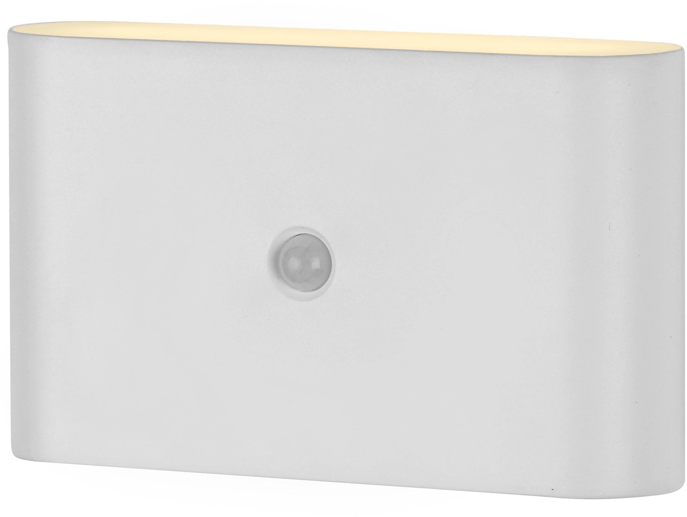 Eine weiße rechteckige LED-Nachtlampe mit einem runden Bewegungssensor in der Mitte, die für die Wandmontage konzipiert ist.