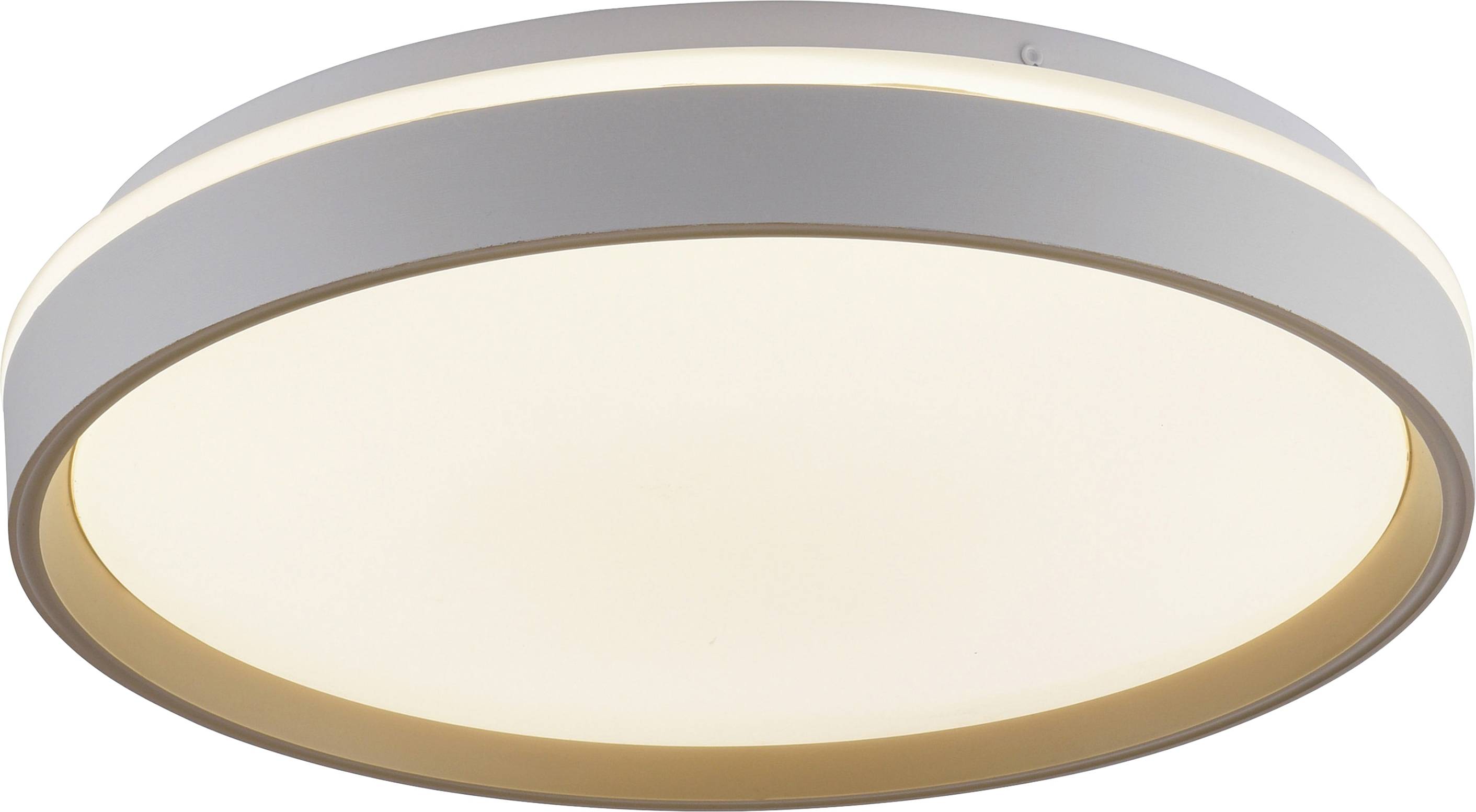 Eine runde, bündig eingebaute Deckenleuchte mit einem weißen Diffusor, die ein weiches, gleichmäßiges Licht ausstrahlt. Geeignet für moderne Inneneinrichtungen.
