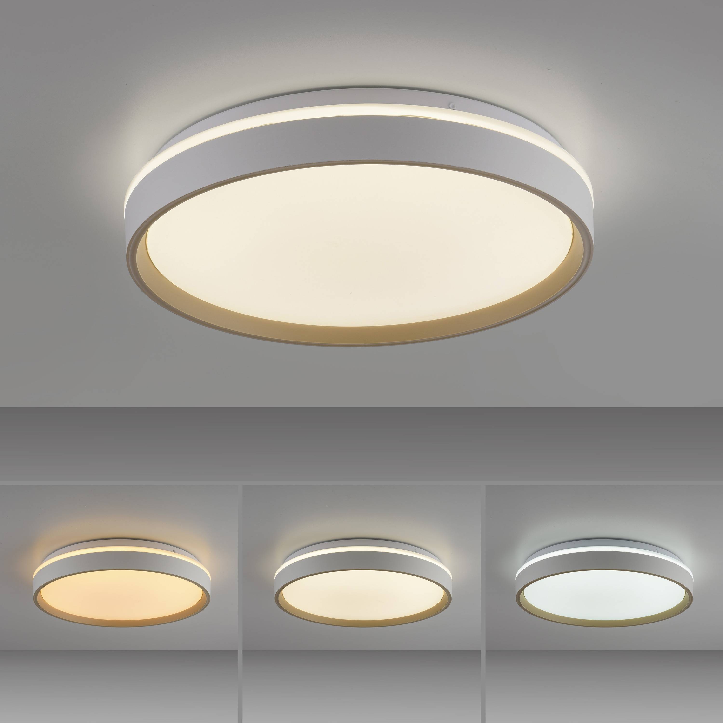 Deckenleuchte mit rundem, modernem Design, dargestellt in verschiedenen Farbtemperaturen: warmweiß, neutralweiß und kaltweiß.