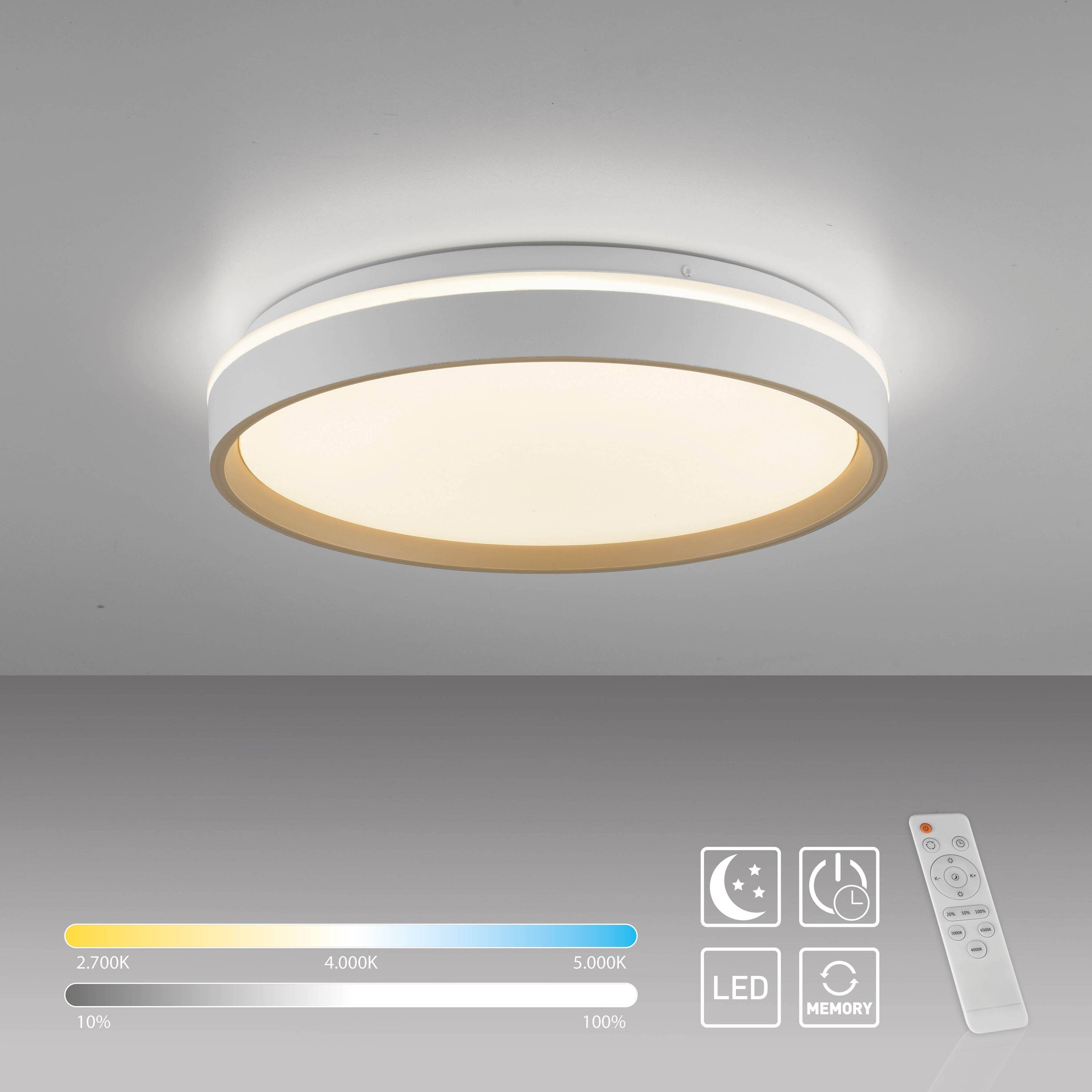 Runde Decken-LED-Leuchte mit einstellbarer Farbtemperatur von 2700K bis 6500K, Speicherfunktion und Fernbedienungsdarstellung.