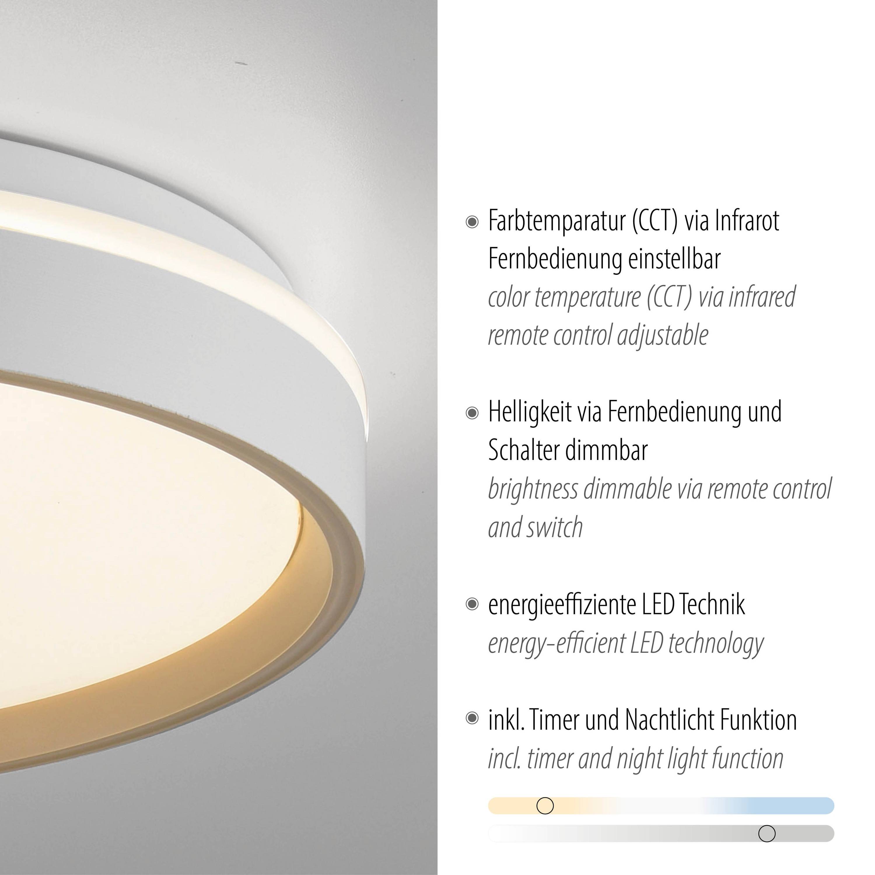 Deckenleuchte mit einstellbarer Farbtemperatur und Helligkeit per Fernbedienung. Ausgestattet mit energieeffizienter LED-Technologie. Verfügt über Timer- und Nachtlichtfunktion.