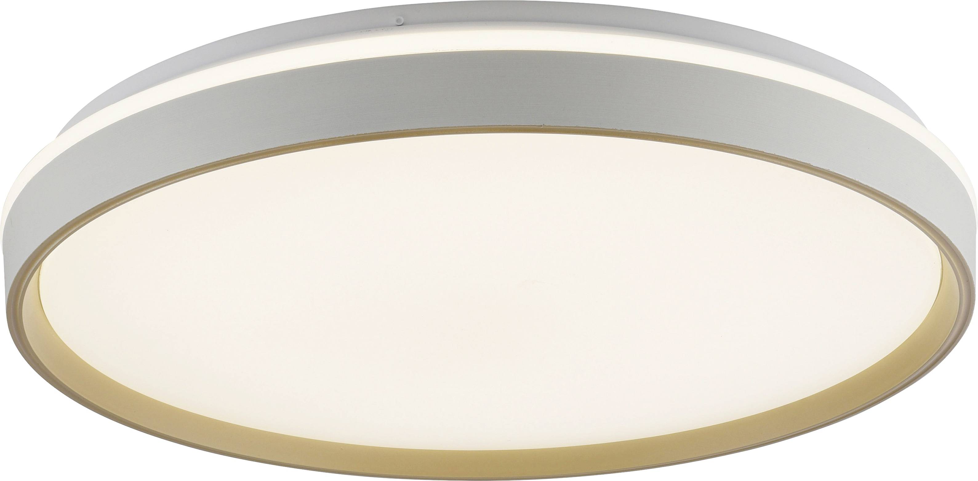 Eine runde, moderne Deckenleuchte mit einem weißen Diffusor und silbernem Rand, für den Innenbereich konzipiert.