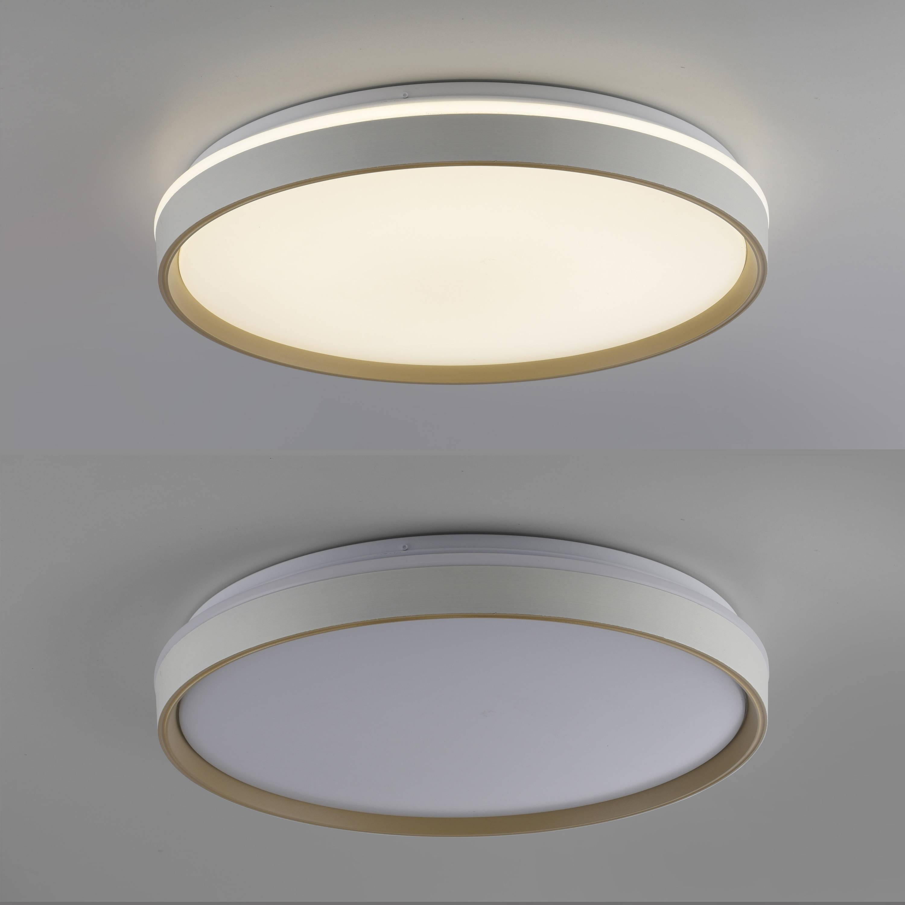 Zwei kreisförmige Deckenleuchten, eine beleuchtet und die andere ausgeschaltet, die ein schlankes, modernes Design mit weißer und goldener Ausführung präsentieren.