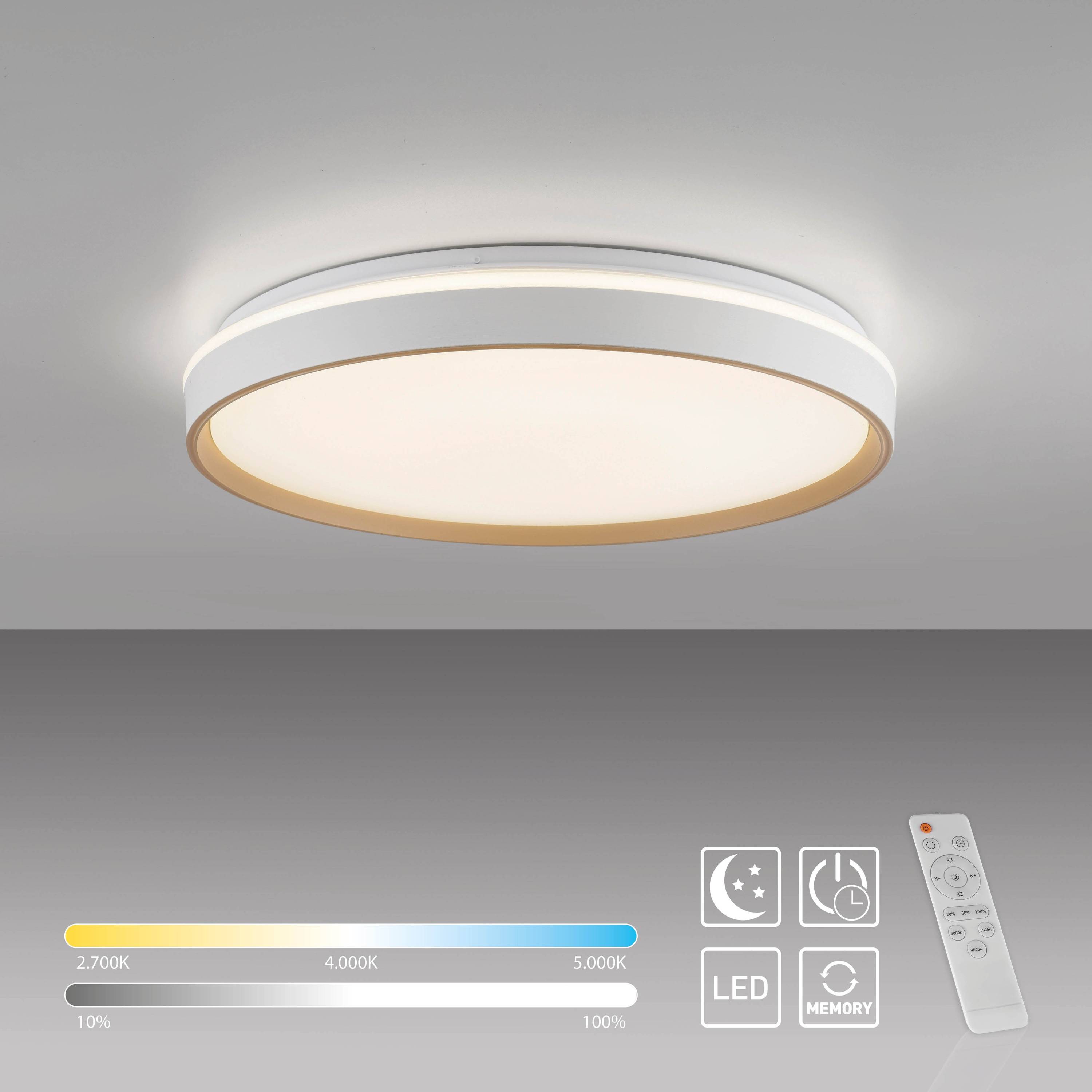 Kreisförmige LED-Deckenleuchte mit einstellbarer Farbtemperatur, die von 2.700K bis 5.000K reicht. Inklusive Fernbedienung und LED-Anzeige.