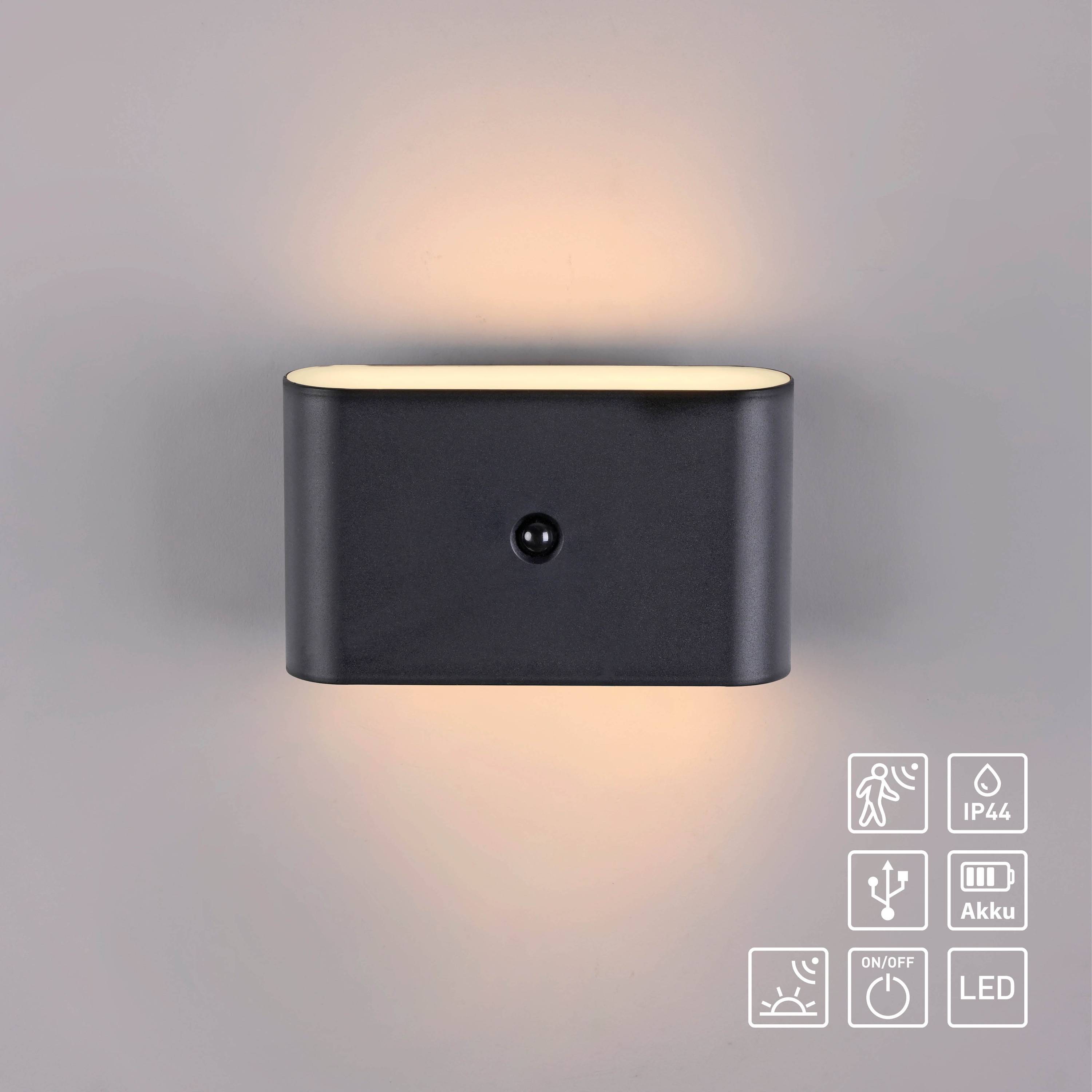 JUST LIGHT LED-Akku-Wandleuchte 19475-18, 3W, 3000K, 330lm, warmweiß, IP44, schwarz