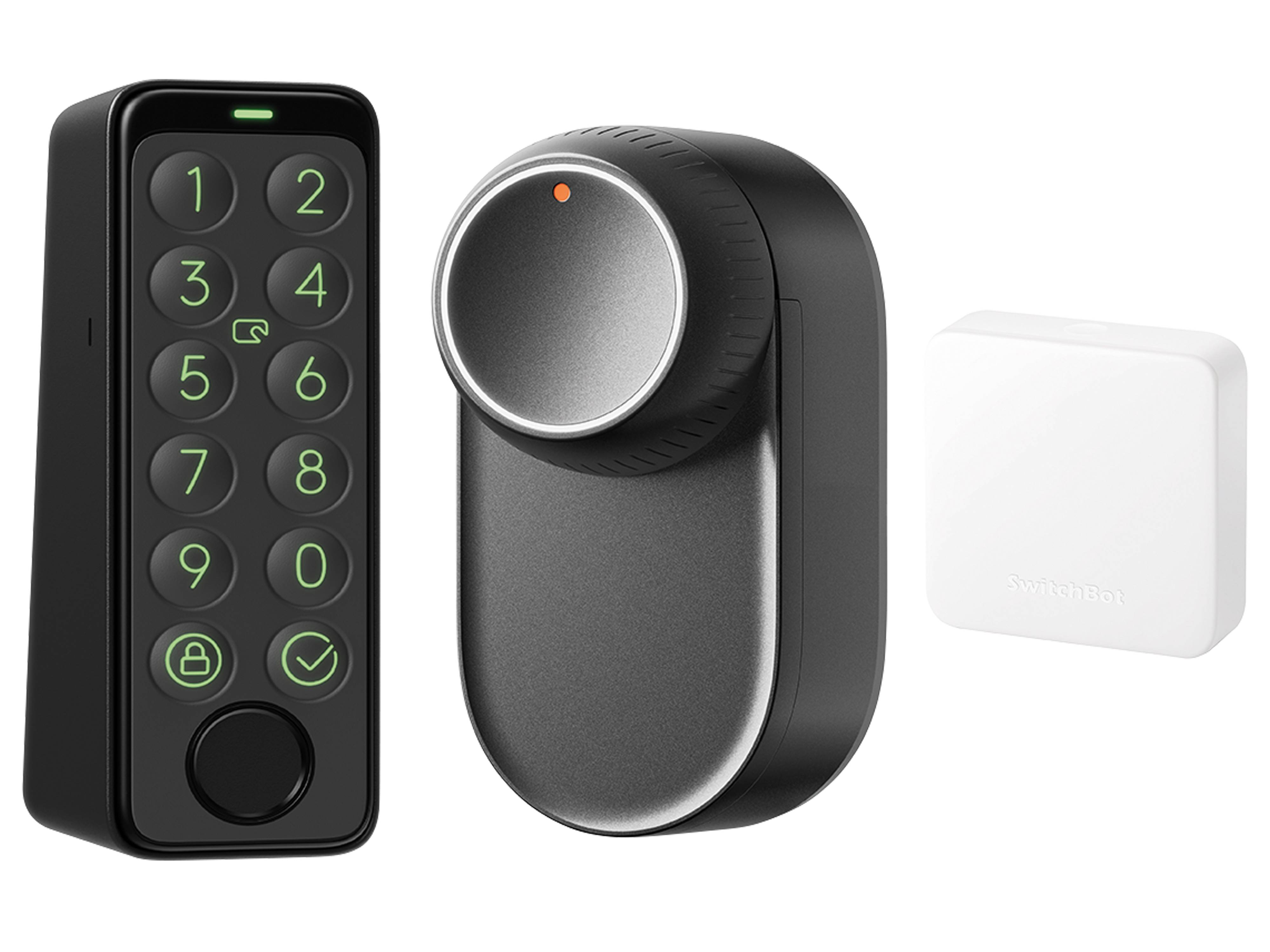 Ein schlüsselloses Heimzutrittssystem mit einer numerischen Tastatur, einem elegantem schwarzen und silbernen Türschloss und einem kleinen weißen Sensor für Smart-Home-Integration.