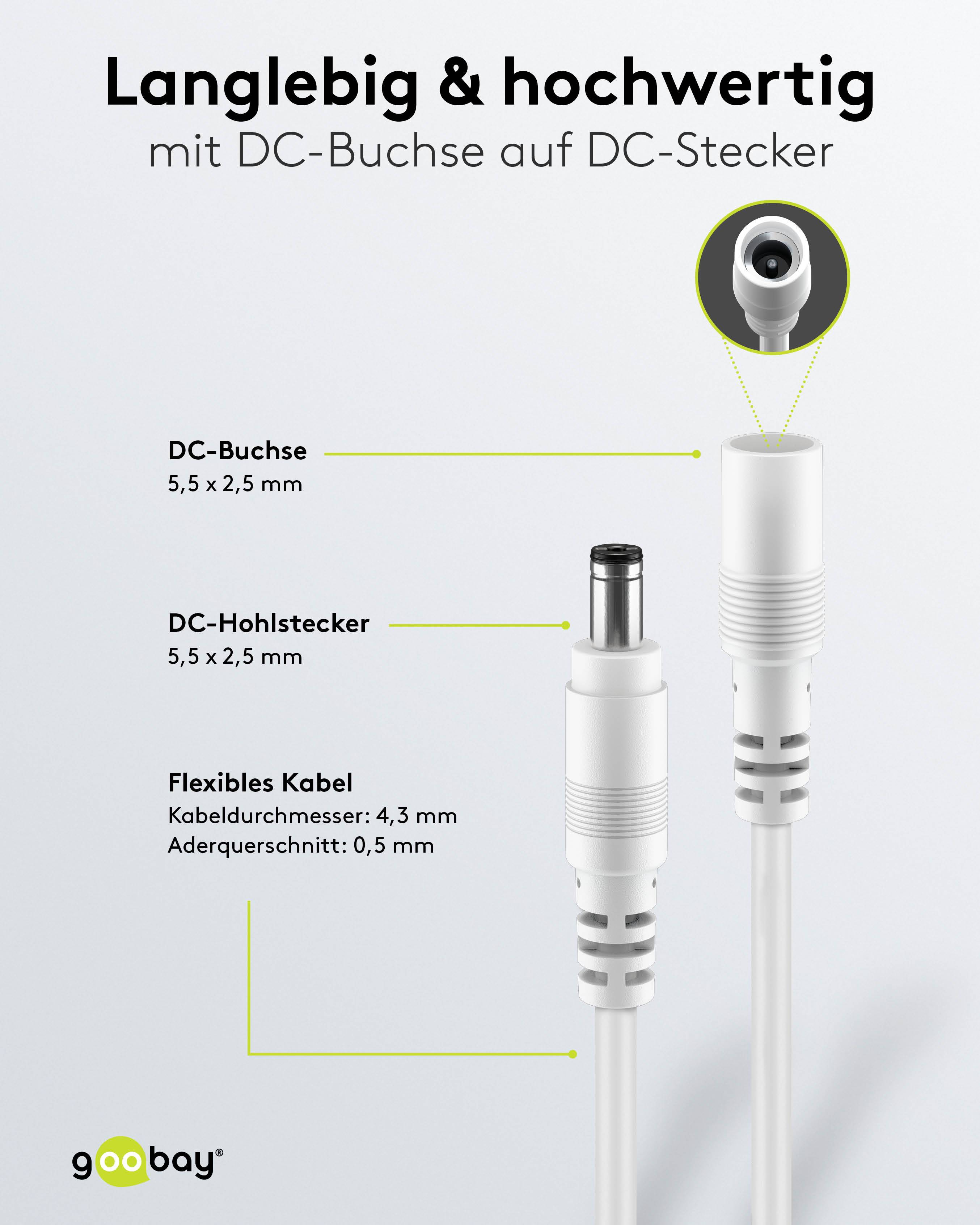 GOOBAY DC-Adapterkabel 2,5 mm, DC-Stecker auf DC-Kupplung, weiß, 3 m