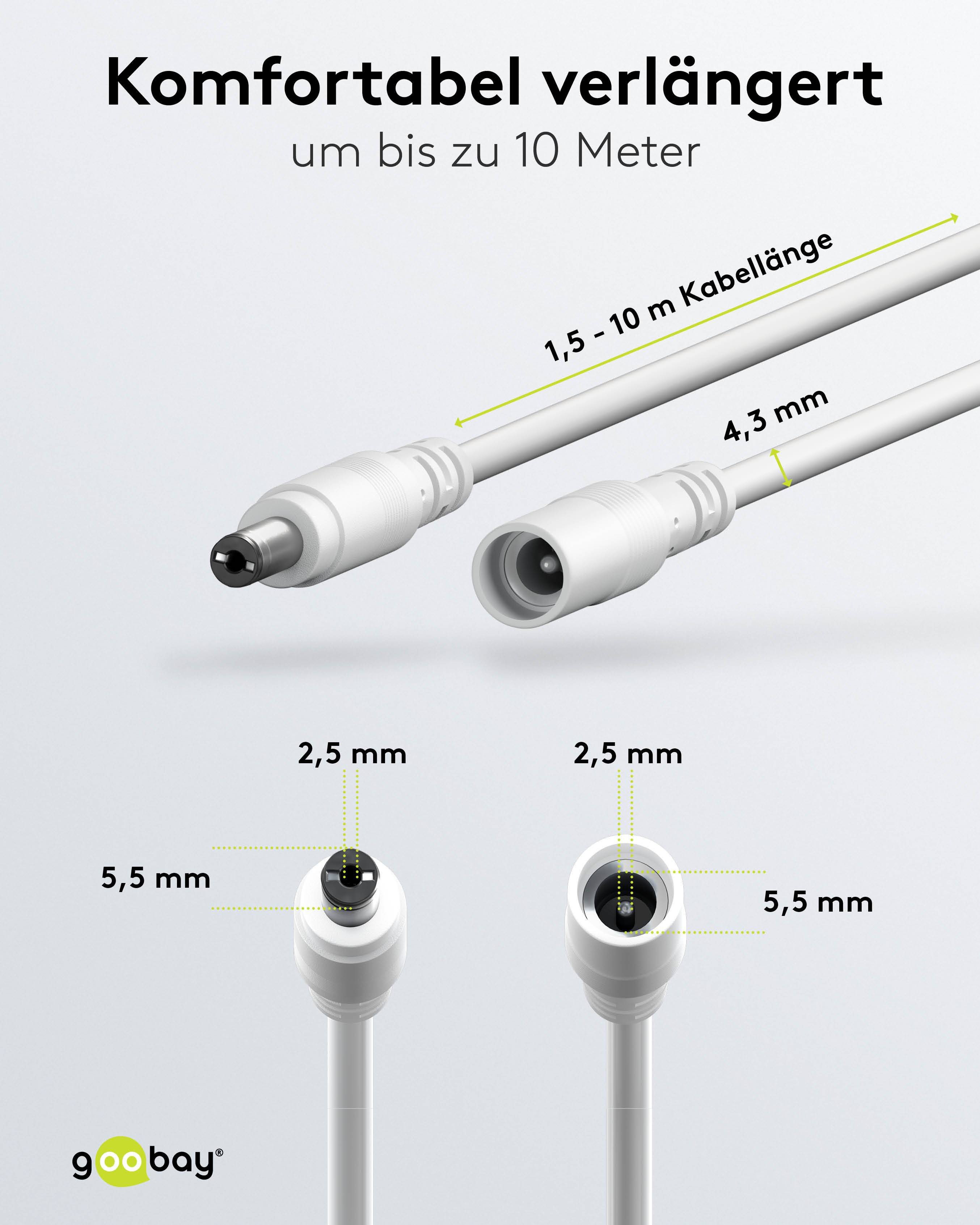 GOOBAY DC-Adapterkabel 2,5 mm, DC-Stecker auf DC-Kupplung, weiß, 3 m