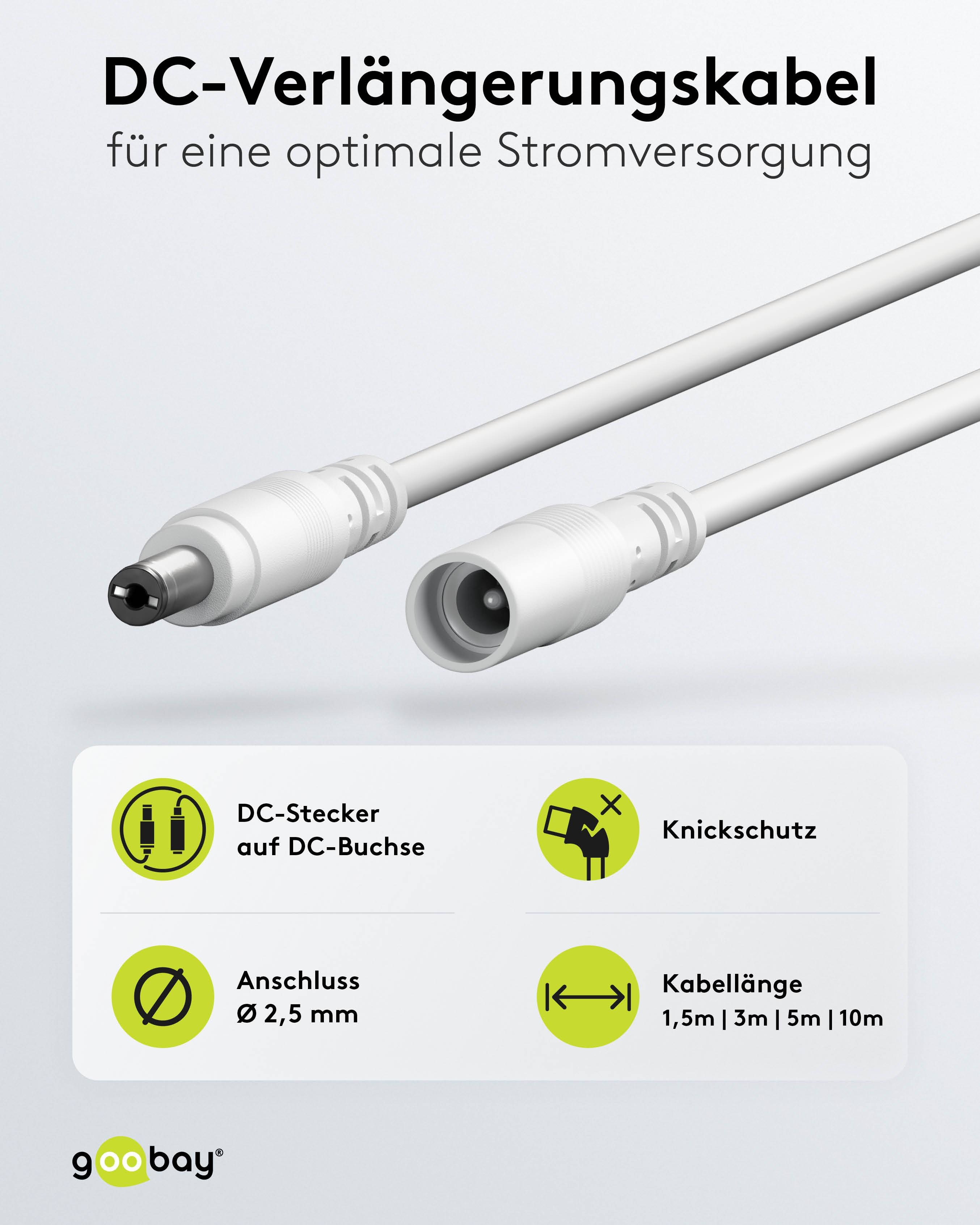 GOOBAY DC-Adapterkabel 2,5 mm, DC-Stecker auf DC-Kupplung, weiß, 3 m