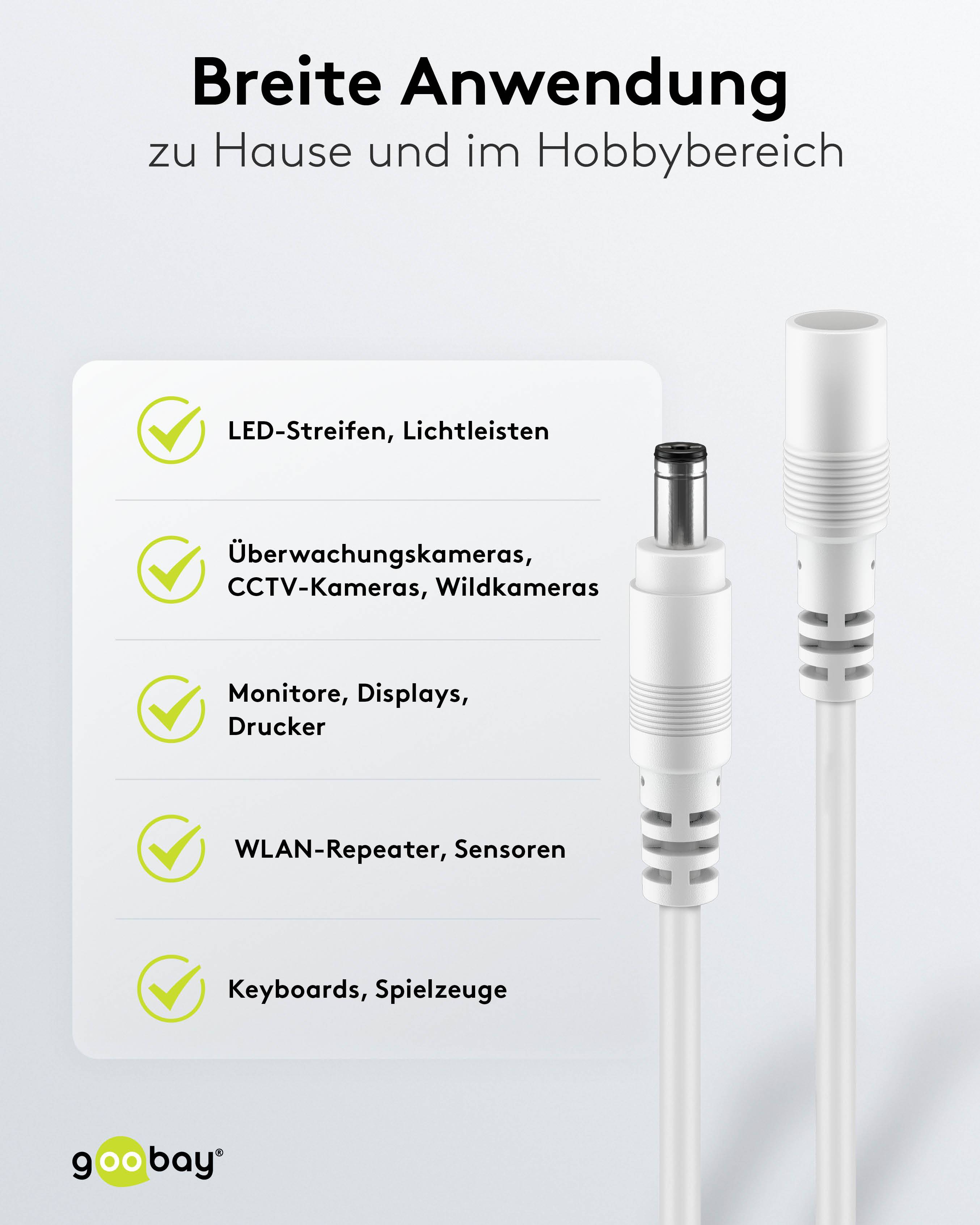 GOOBAY DC-Adapterkabel 2,5 mm, DC-Stecker auf DC-Kupplung, weiß, 3 m