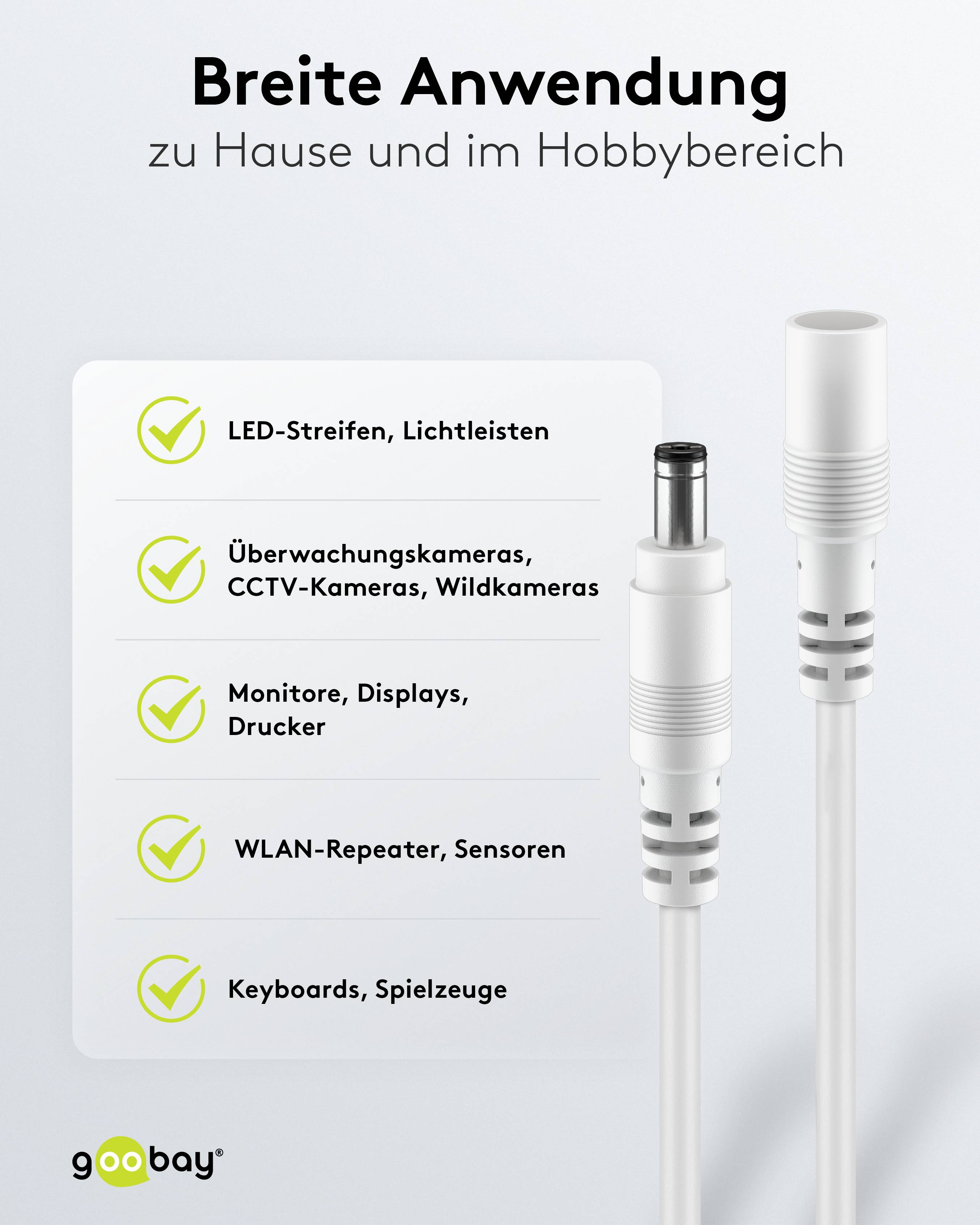 GOOBAY DC-Adapterkabel 2,1 mm, DC-Stecker auf DC-Kupplung, weiß, 3 m