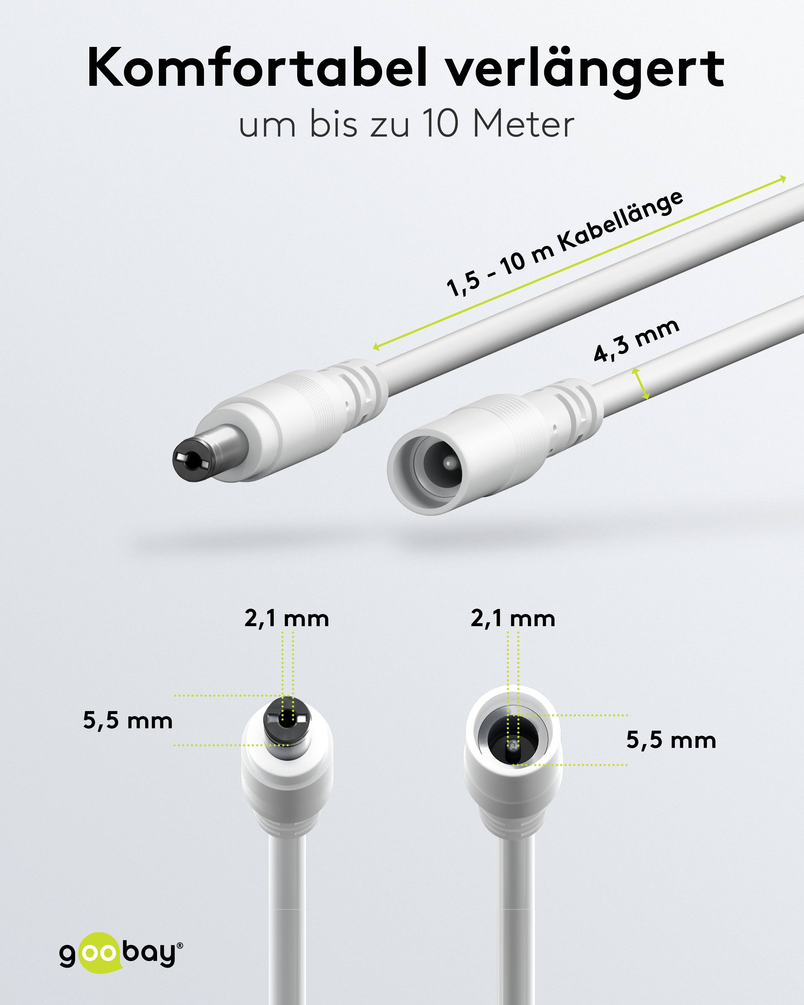 GOOBAY DC-Adapterkabel 2,1 mm, DC-Stecker auf DC-Kupplung, weiß, 3 m