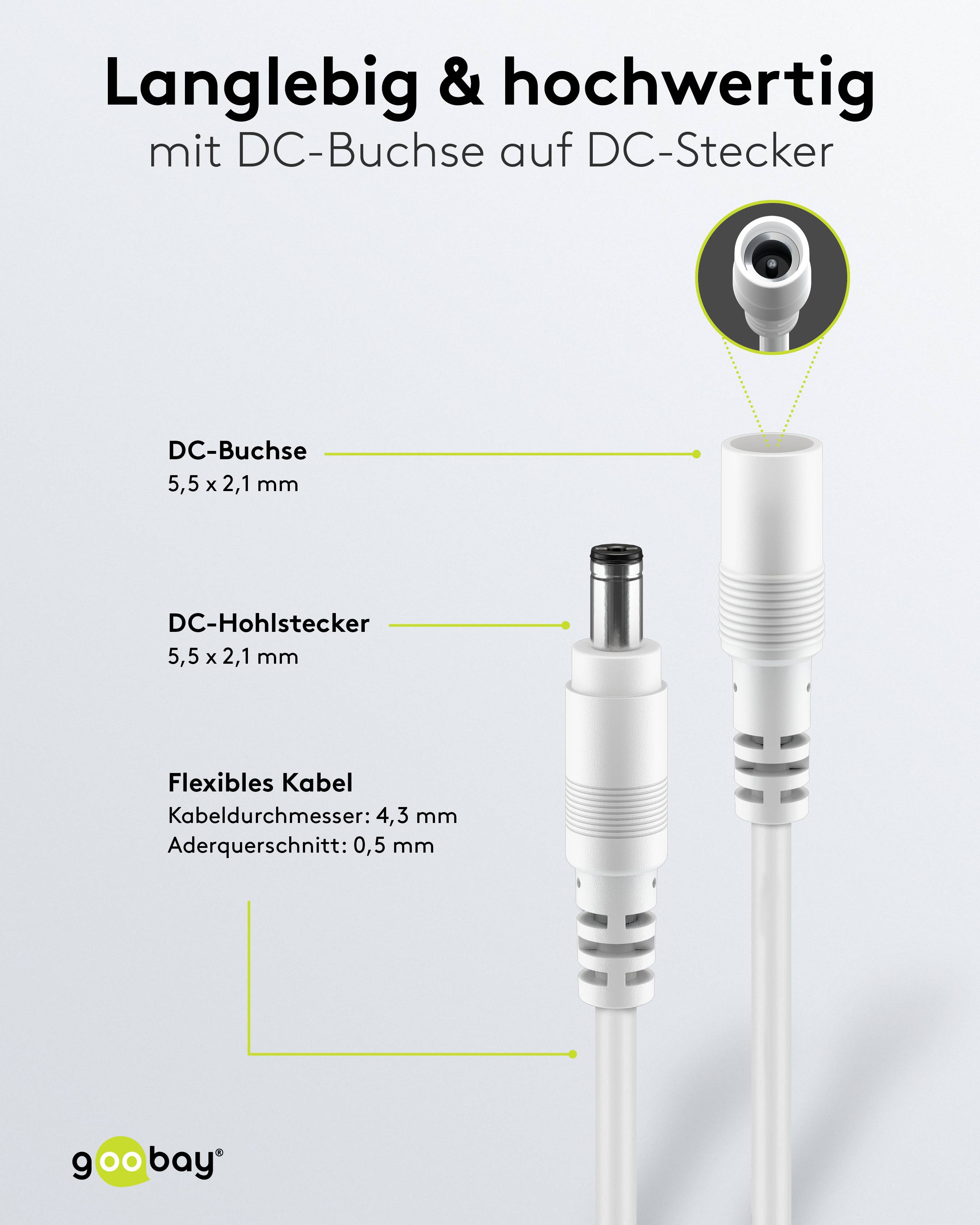 GOOBAY DC-Adapterkabel 2,5 mm, DC-Stecker auf DC-Kupplung, schwarz, 5 m