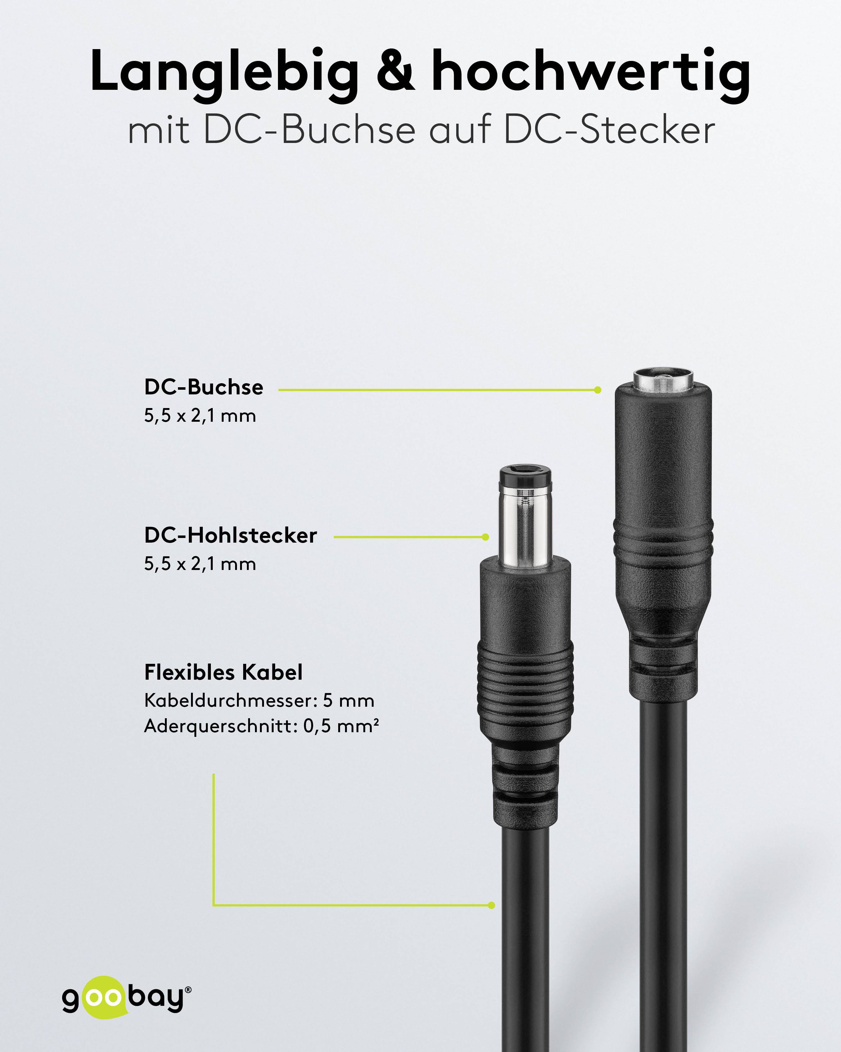 DC-Anschlusstypen: DC-Buchse, 5,5 x 2,1 mm; DC-Mohlstecker, 5,5 x 2,1 mm. Flexible Kabelmaße: Durchmesser 5 mm, Querschnitt 0,5 mm².