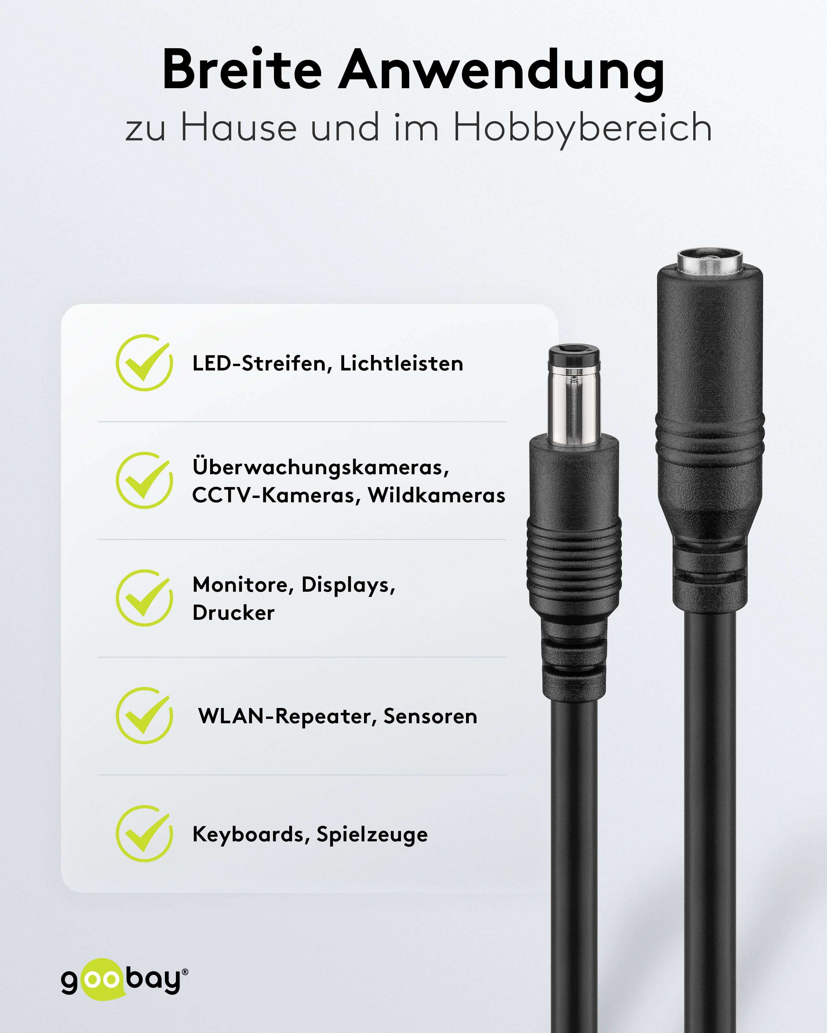 Zwei schwarze Anschlüsse mit Häkchen listen kompatible Geräte auf: 'LED-Streifen, CCTV-Kameras, Monitore, WLAN-Drucker, Sensoren, Spielzeug.