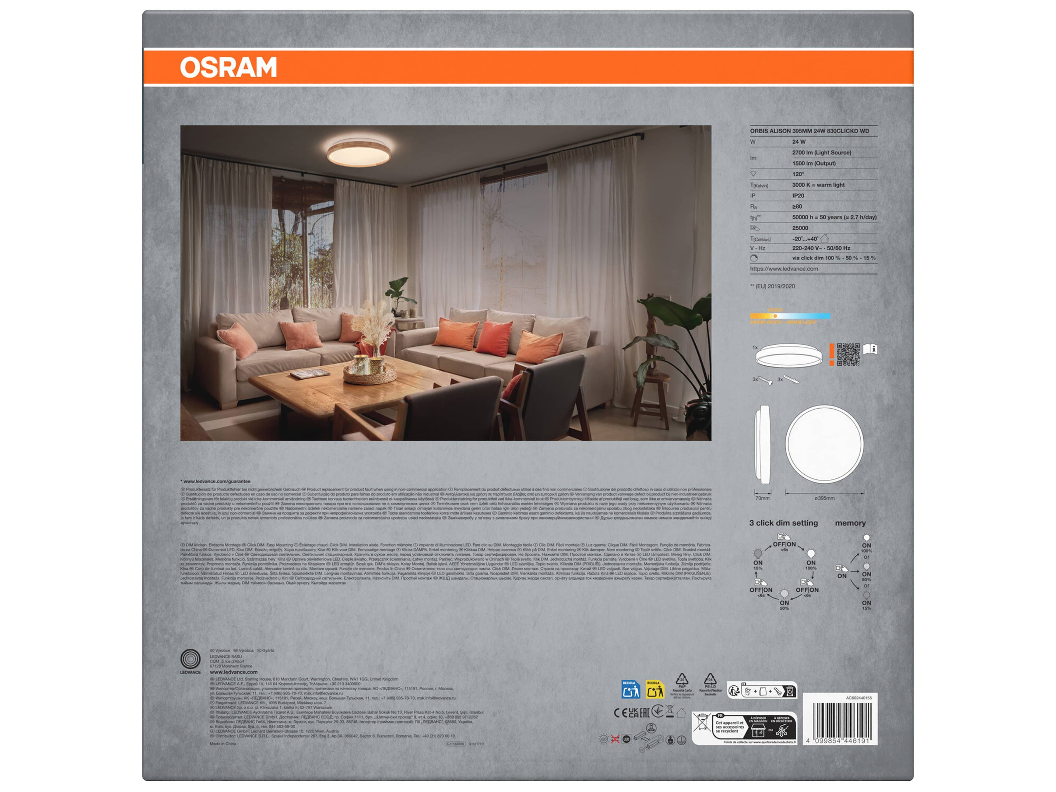 OSRAM LED-Deckenleuchte mit Holzring, 24 W, 3.000 K, Dimmbar, EEK: F, warmweiß, IP20