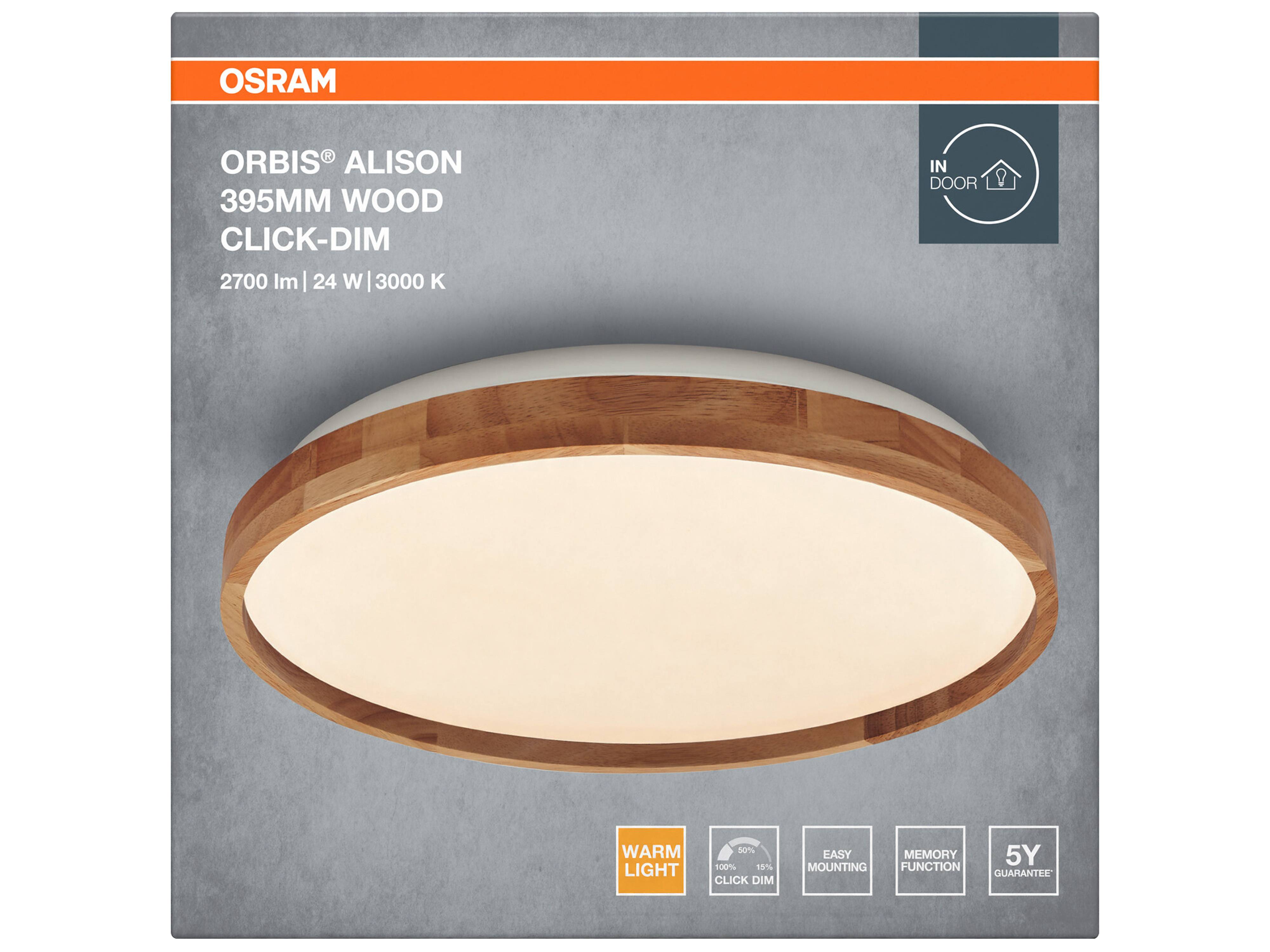 OSRAM LED-Deckenleuchte mit Holzring, 24 W, 3.000 K, Dimmbar, EEK: F, warmweiß, IP20