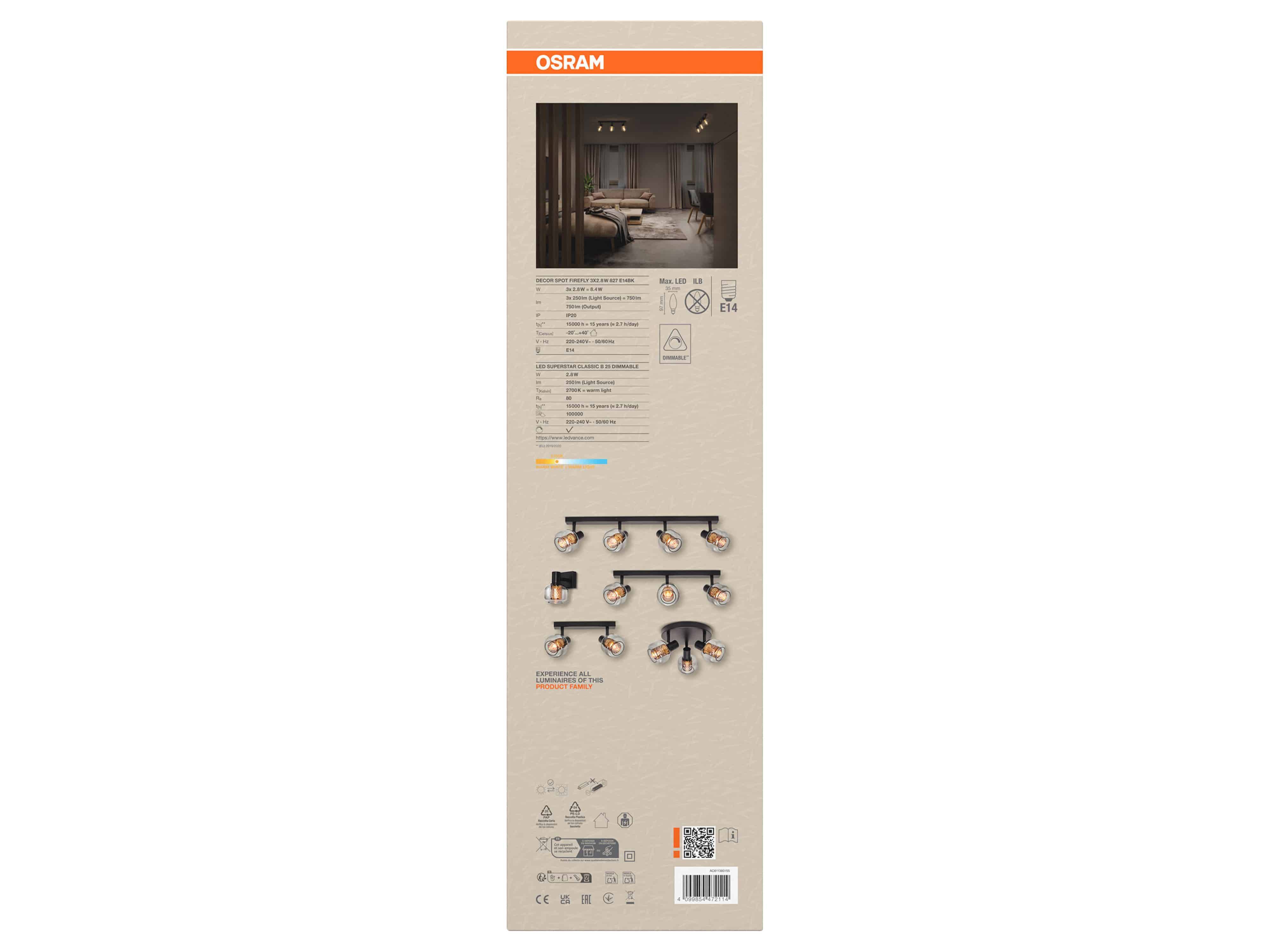 OSRAM Deckenanbau-Leuchte, E14, 8,4 W, 2700 K, 750 lm, IP20, goldenes Wabengitter, dimmbar