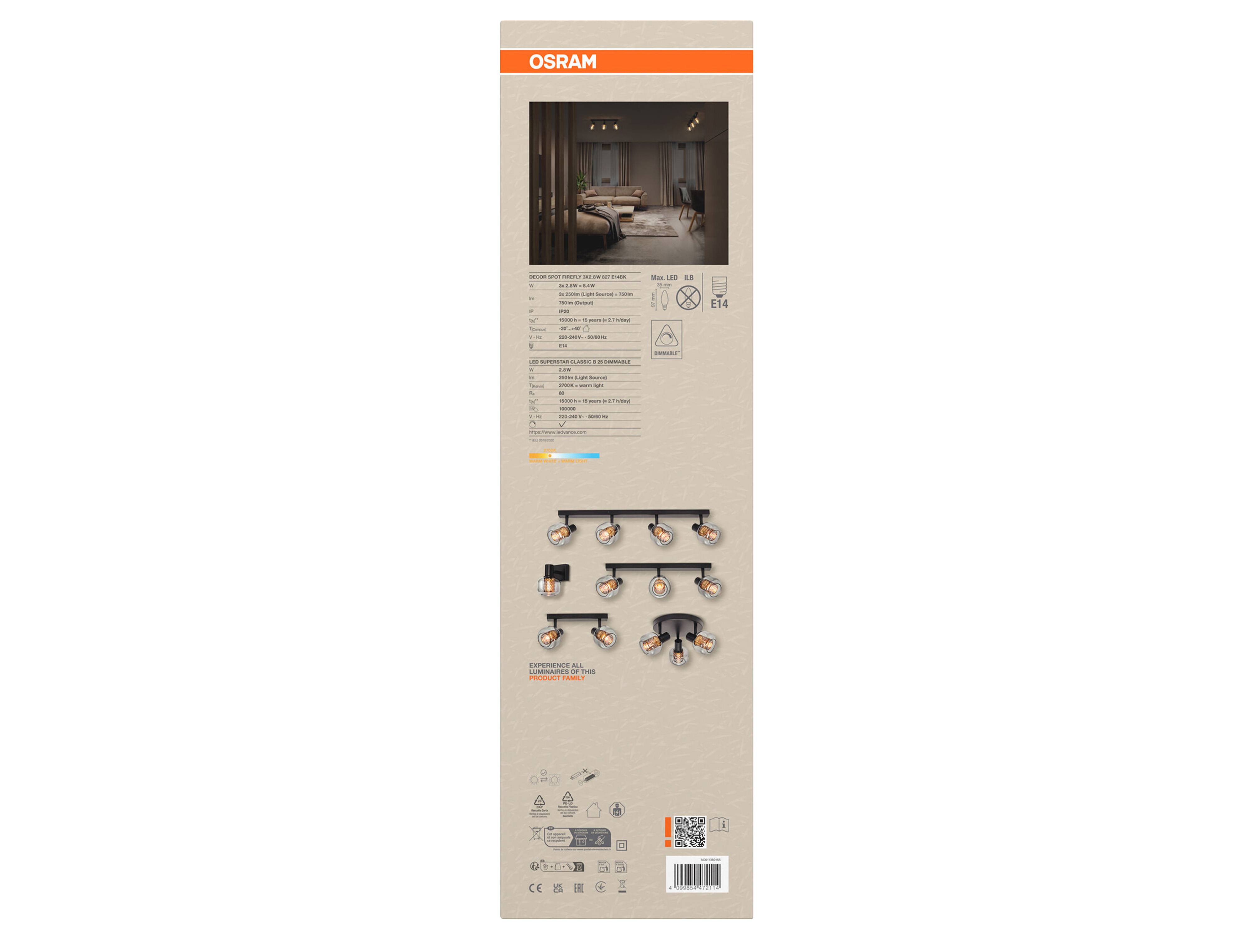 OSRAM Deckenanbau-Leuchte, E14, 8,4 W, 2700 K, 750 lm, IP20, goldenes Wabengitter, dimmbar