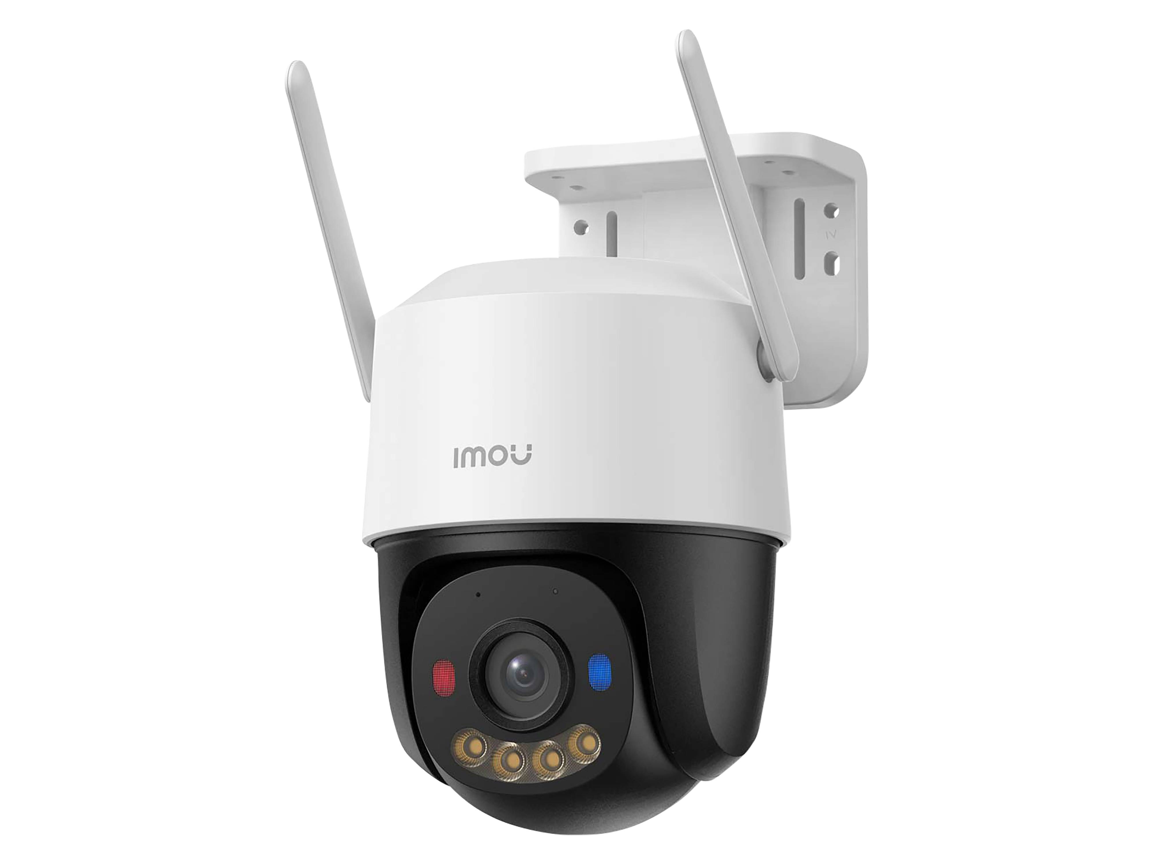 Eine Sicherheitskamera, die an einer Wandhalterung montiert ist, mit zwei Antennen und LED-Leuchten, mit der Markenbezeichnung 