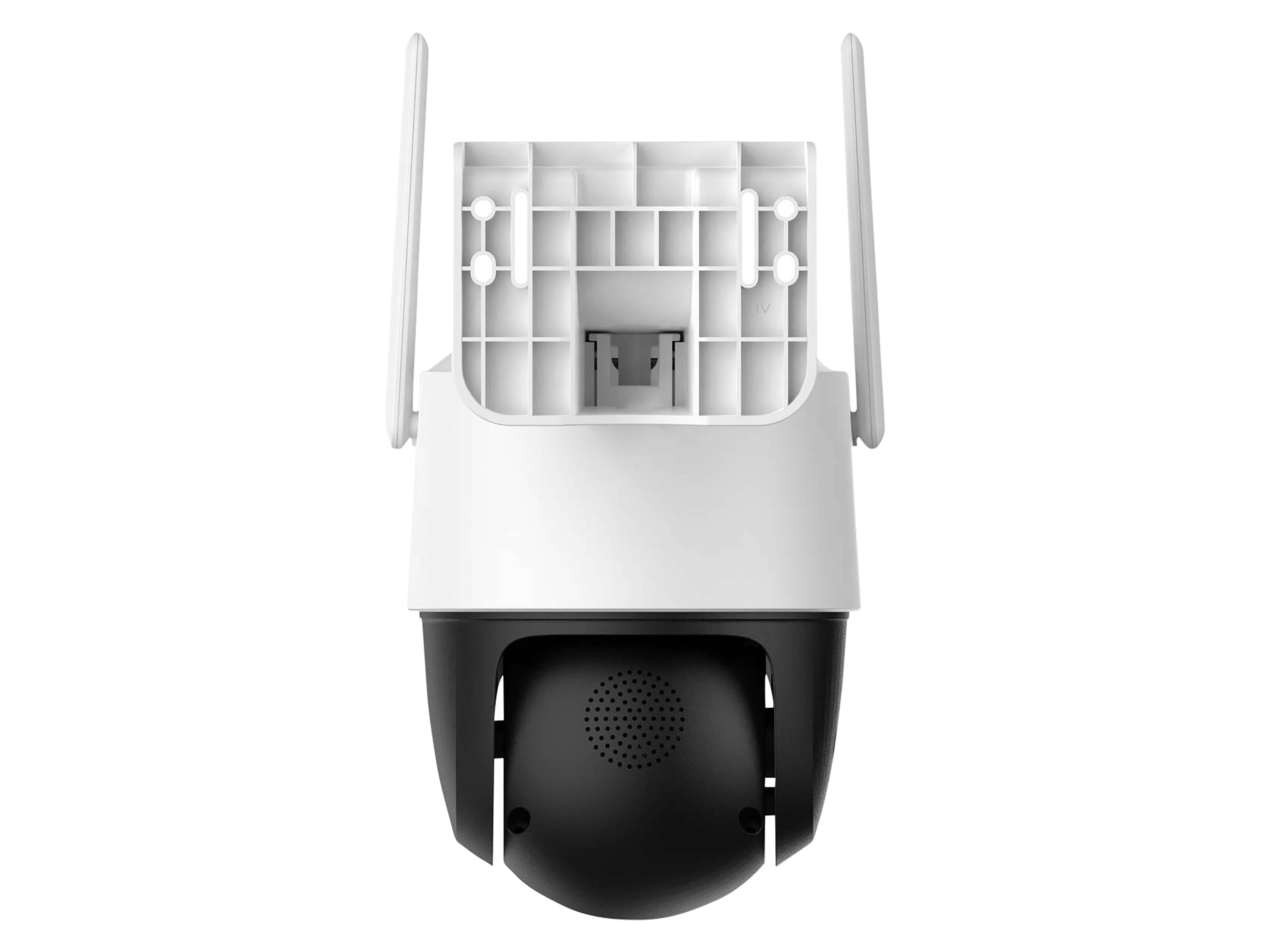 Eine weiße und schwarze Sicherheitskamera mit zwei Antennen ist zu sehen, die nach vorne gerichtet ist und für die Überwachung mit einem modernen, kompakten Gehäuse konzipiert wurde.