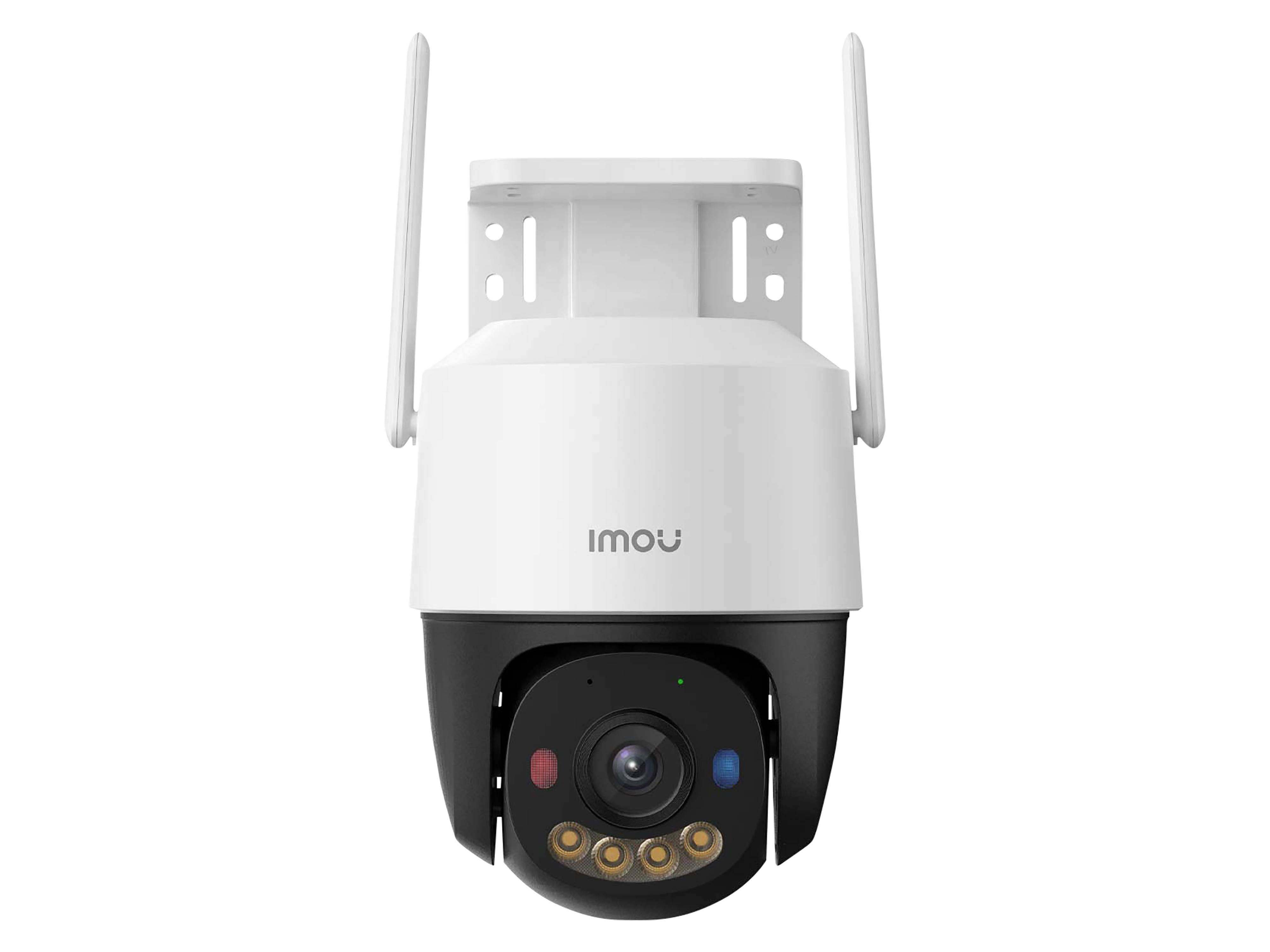 Weiße und schwarze Sicherheitskamera mit Antennen und LED-Leuchten, mit dem Etikett 