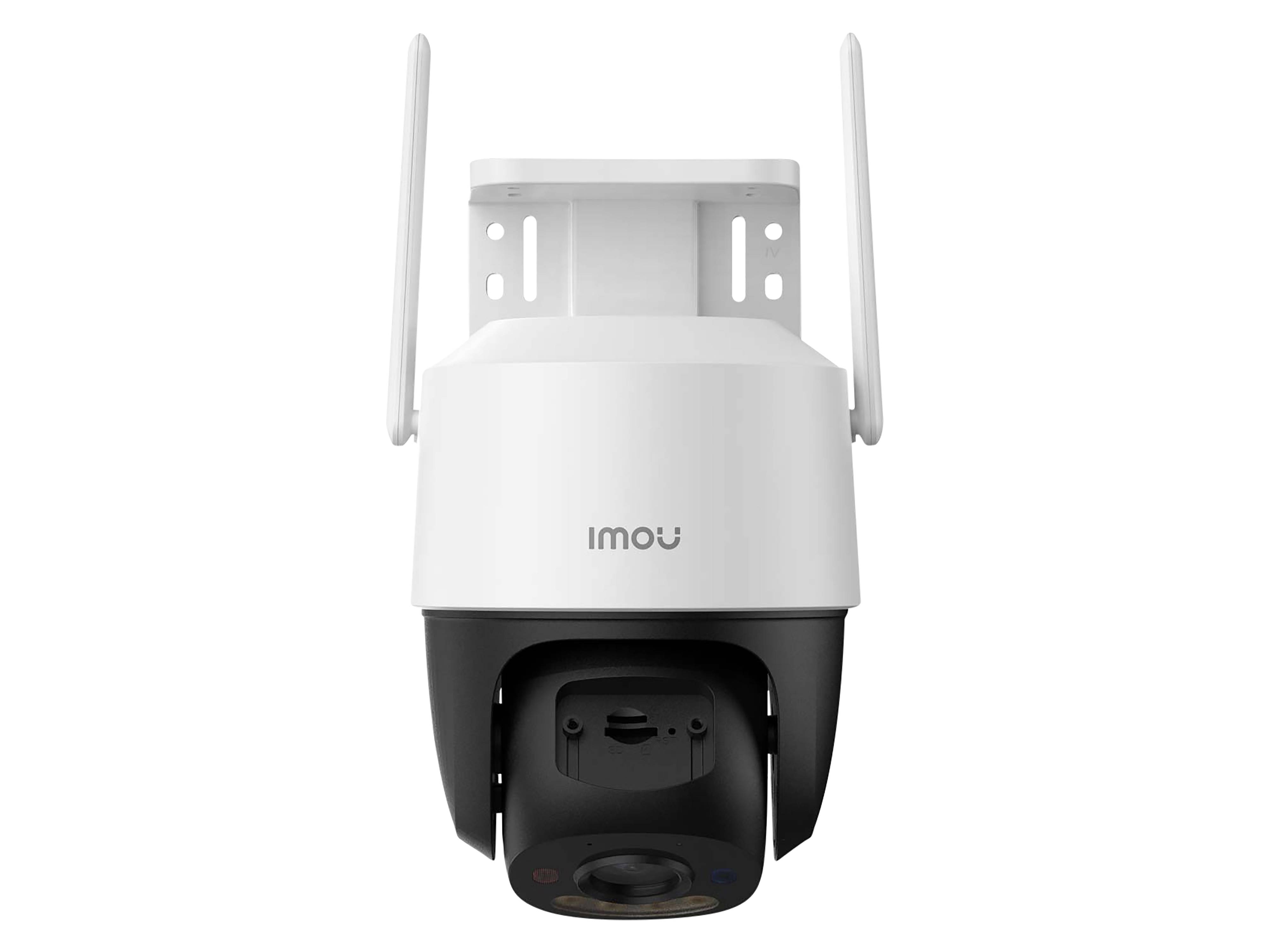 Eine weiße und schwarze Sicherheitskamera mit Antennen, an einer Wandhalterung montiert, mit dem Etikett 'imou', für Überwachungszwecke konzipiert.