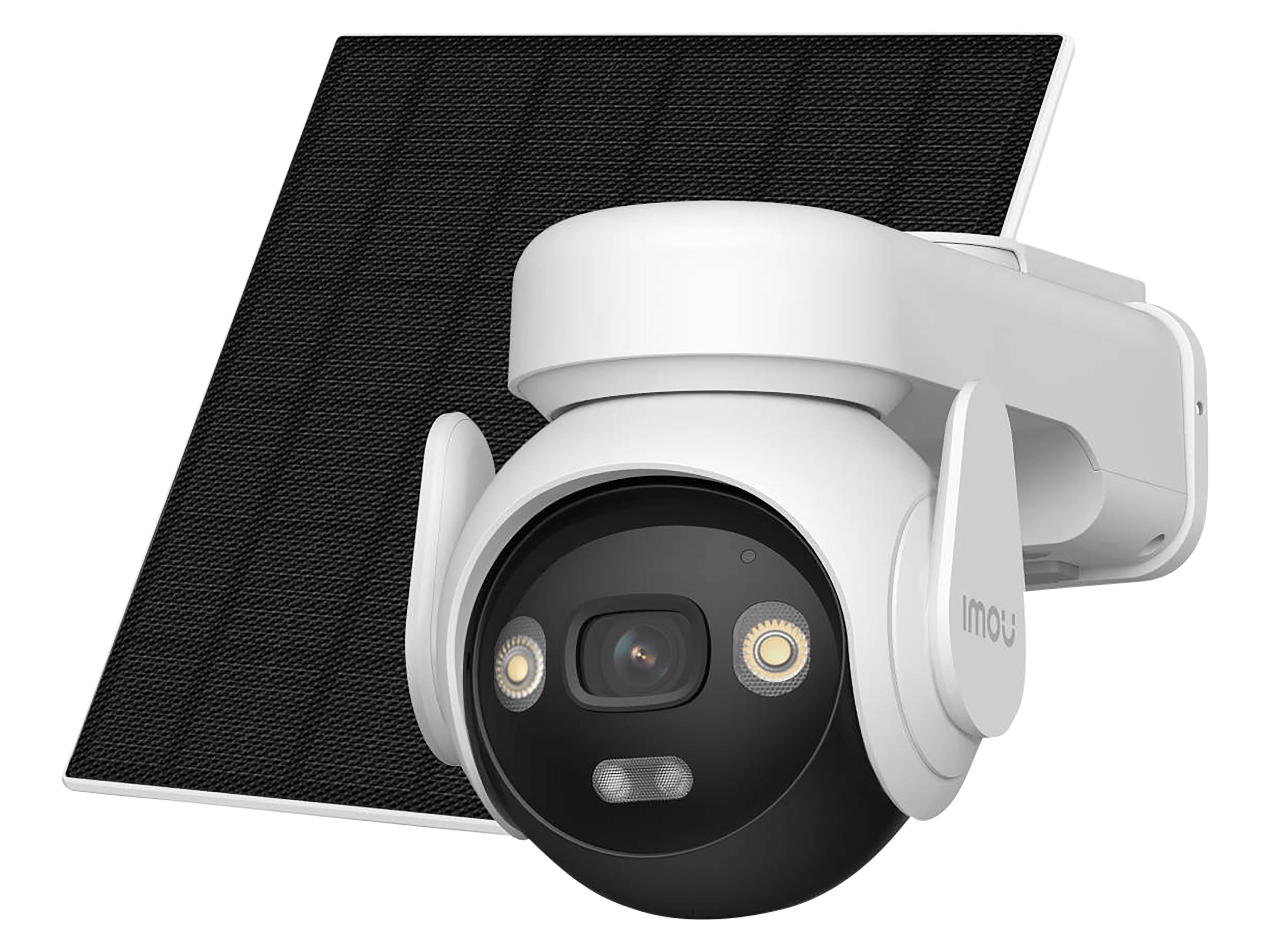 Eine weiße Sicherheitskamera von 'Imou' mit angeschlossenem Solarpanel, für den Außeneinsatz konzipiert, ausgestattet mit zwei LED-Leuchten und einer auffälligen Linse.