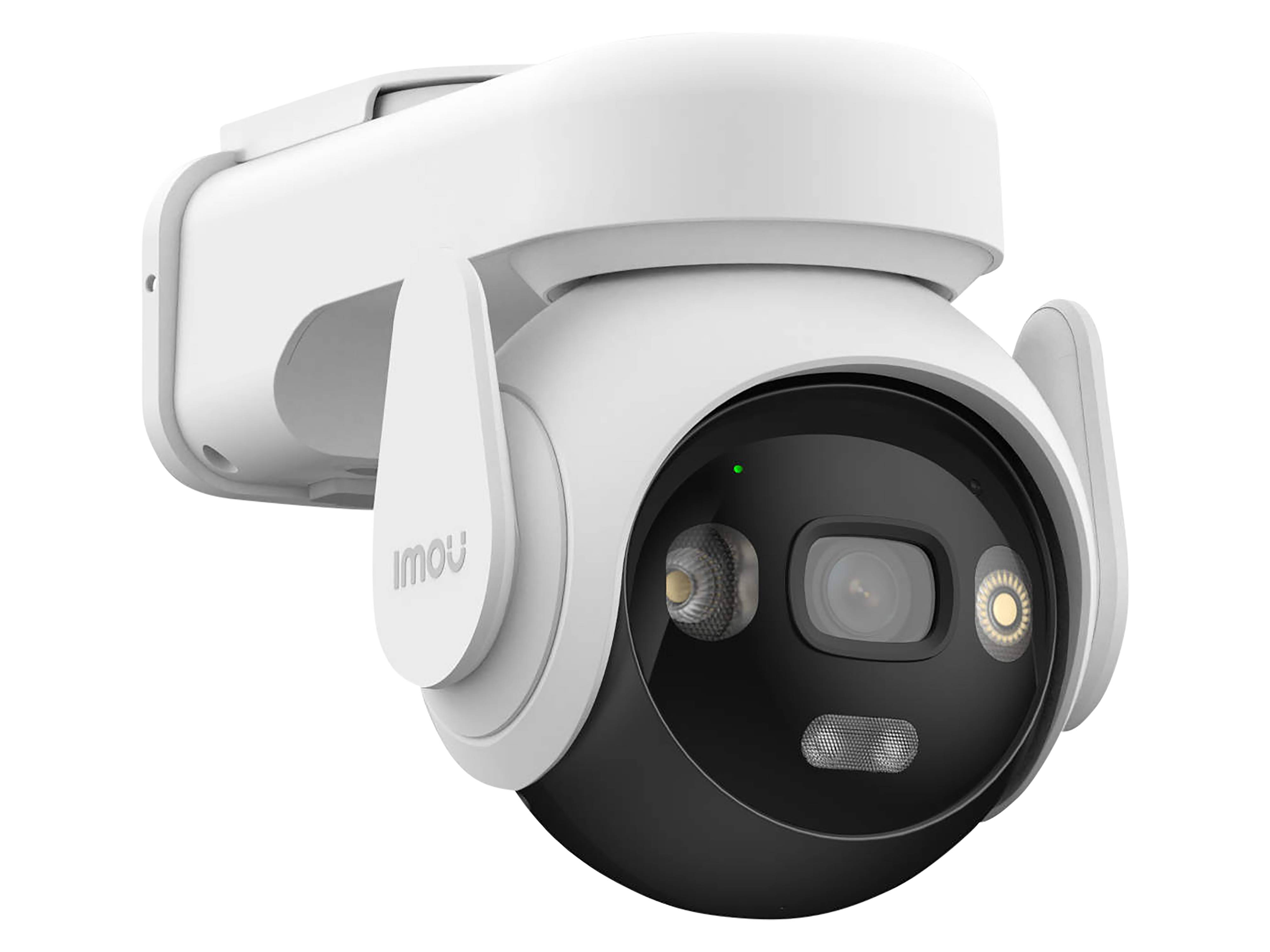 Eine weiße Sicherheitskamera mit Doppelbeleuchtung und einer Linse auf einem Schwenkhalter, mit der Bezeichnung 'Imou', entwickelt für Überwachungszwecke.