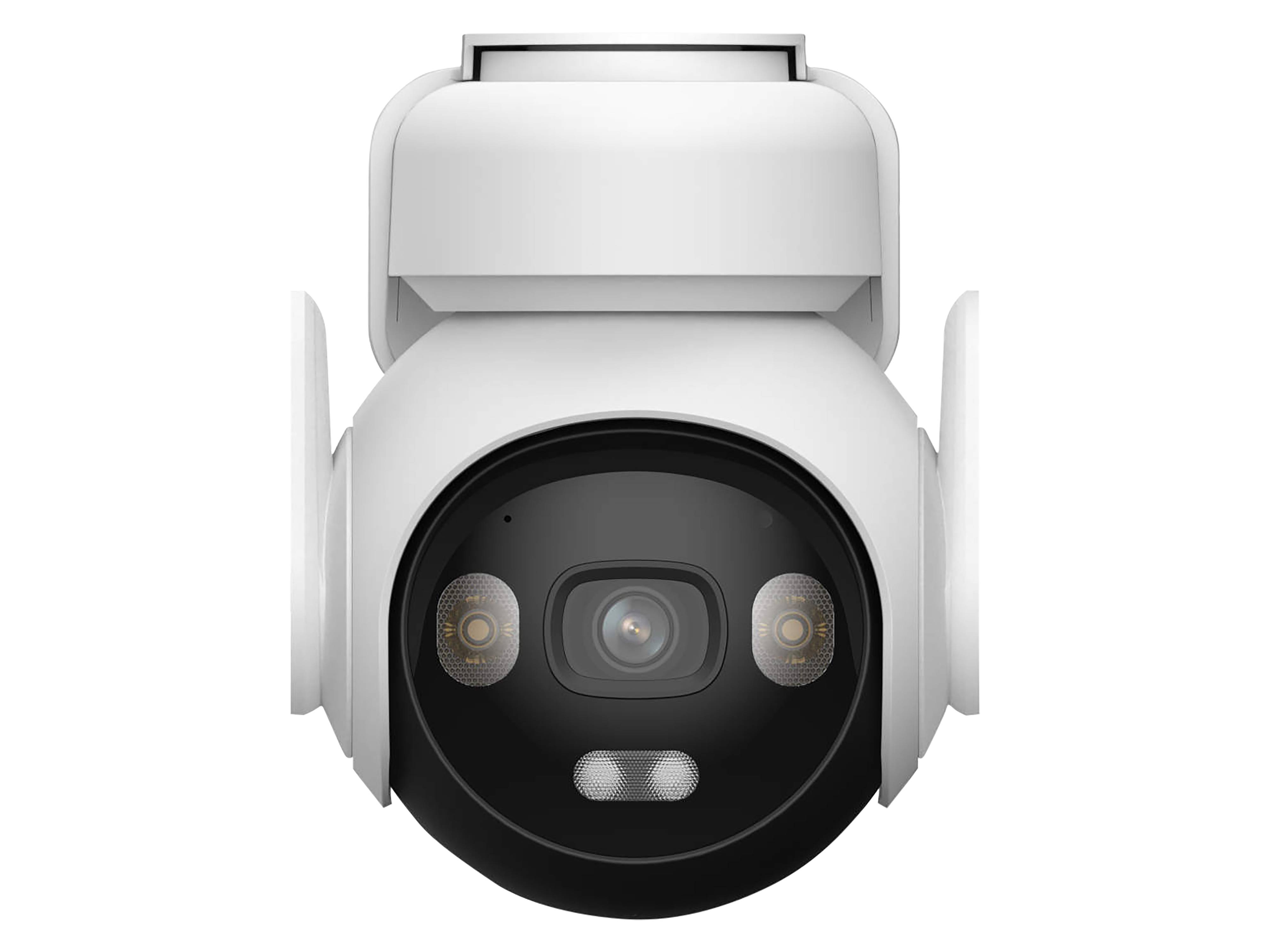 Eine weiße Überwachungskamera mit Doppellinsen und LED-Beleuchtung, entwickelt für die Sicherheitsüberwachung.