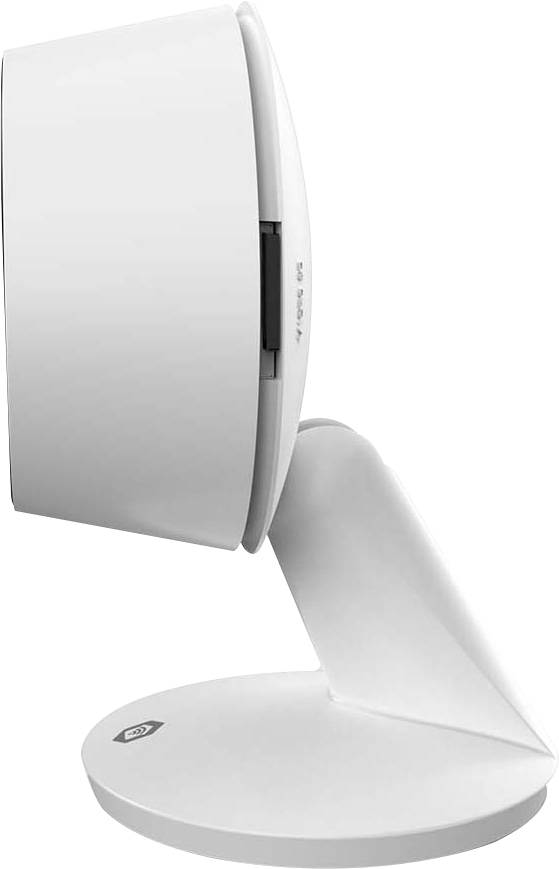 Eine Nahaufnahme einer modernen, weißen Sicherheitskamera, die auf einem gebogenen Ständer montiert ist, nach links gerichtet, mit einem schlichten und minimalistischen Design.