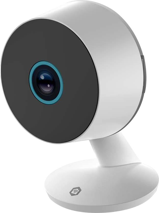 Eine Nahaufnahme einer modernen weißen und schwarzen kugelförmigen Sicherheitskamera mit einer Linse in der Mitte, die auf einer schwenkbaren Halterung montiert ist.