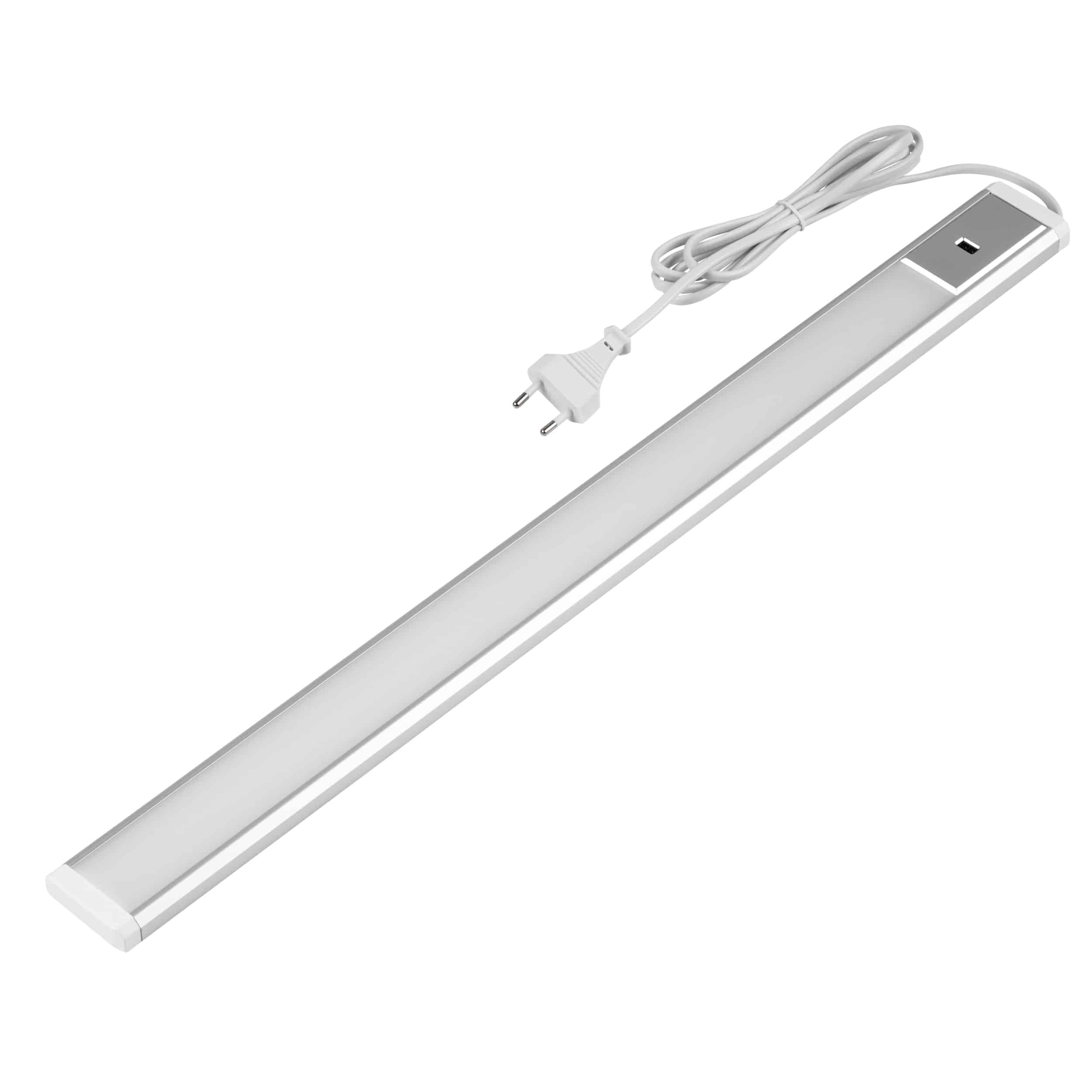 Unter-Schrank-LED-Leuchte mit weißem Stromkabel und Stecker, mit schlankem rechteckigem Design, geeignet für den Heim- oder Bürogebrauch.