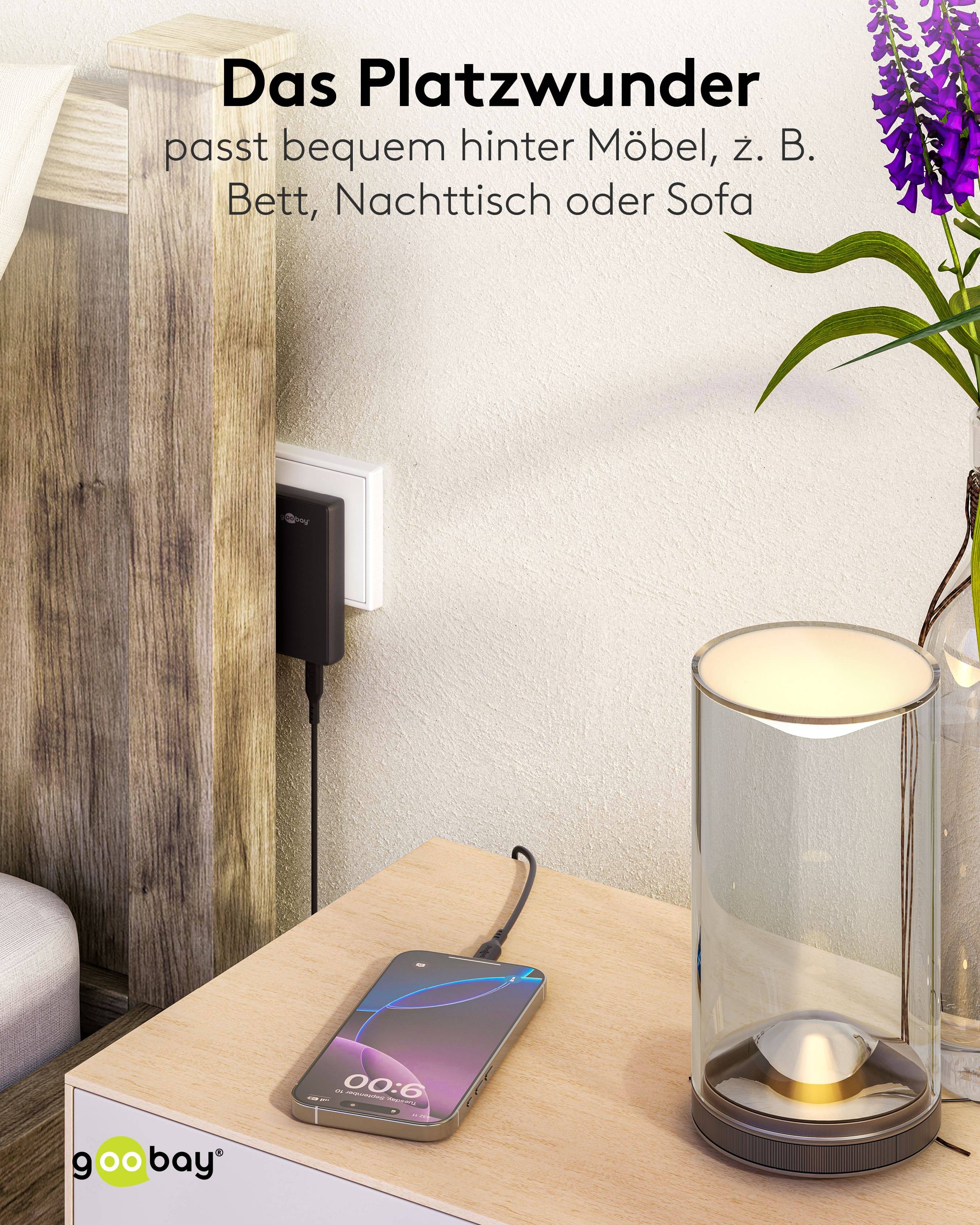 GOOBAY Dual-Schnelladegeräte, 45W, 2x USB-C, 90° abgewickelt, flach, schwarz